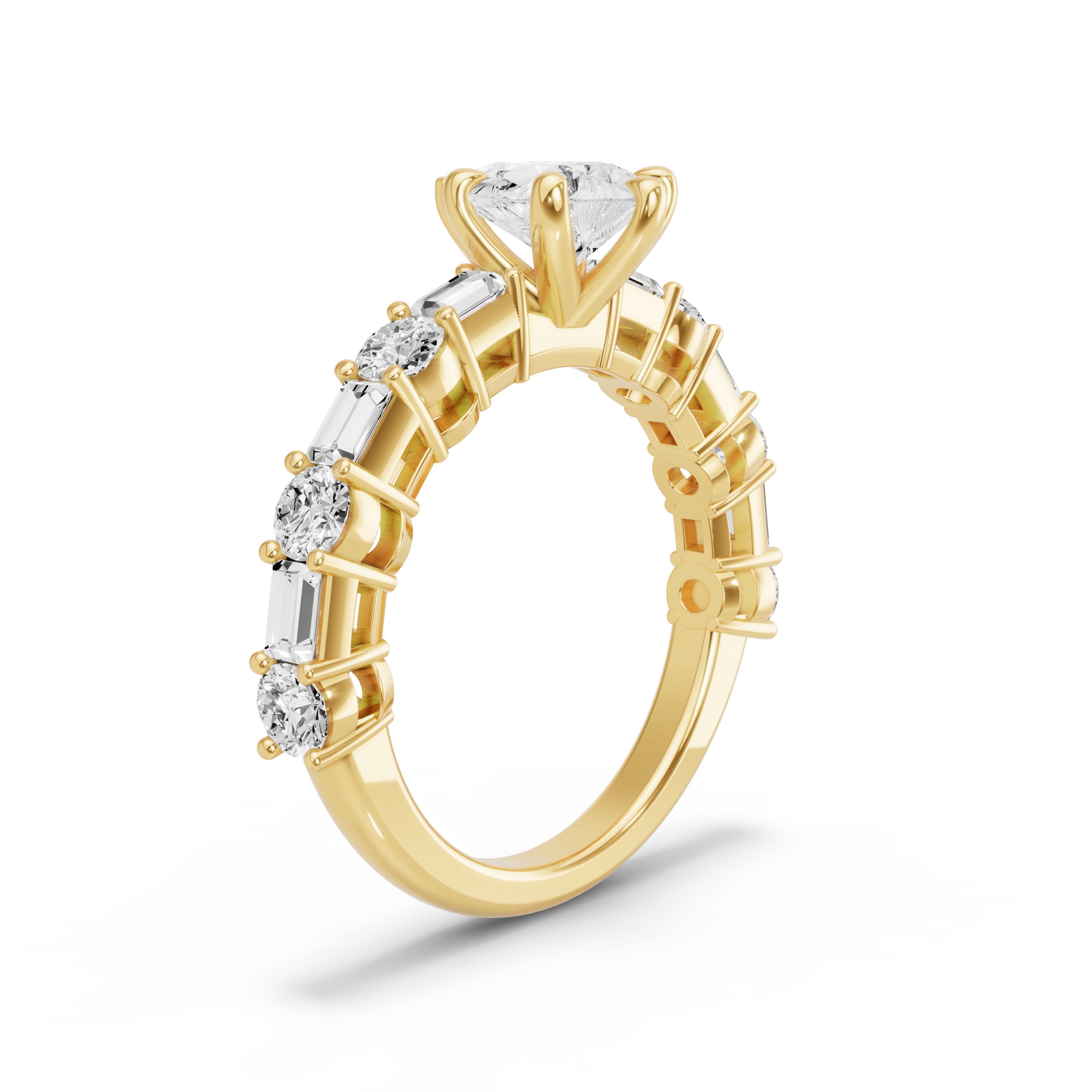 Image for Pear Six Prong Ring with Alternating Baguette band