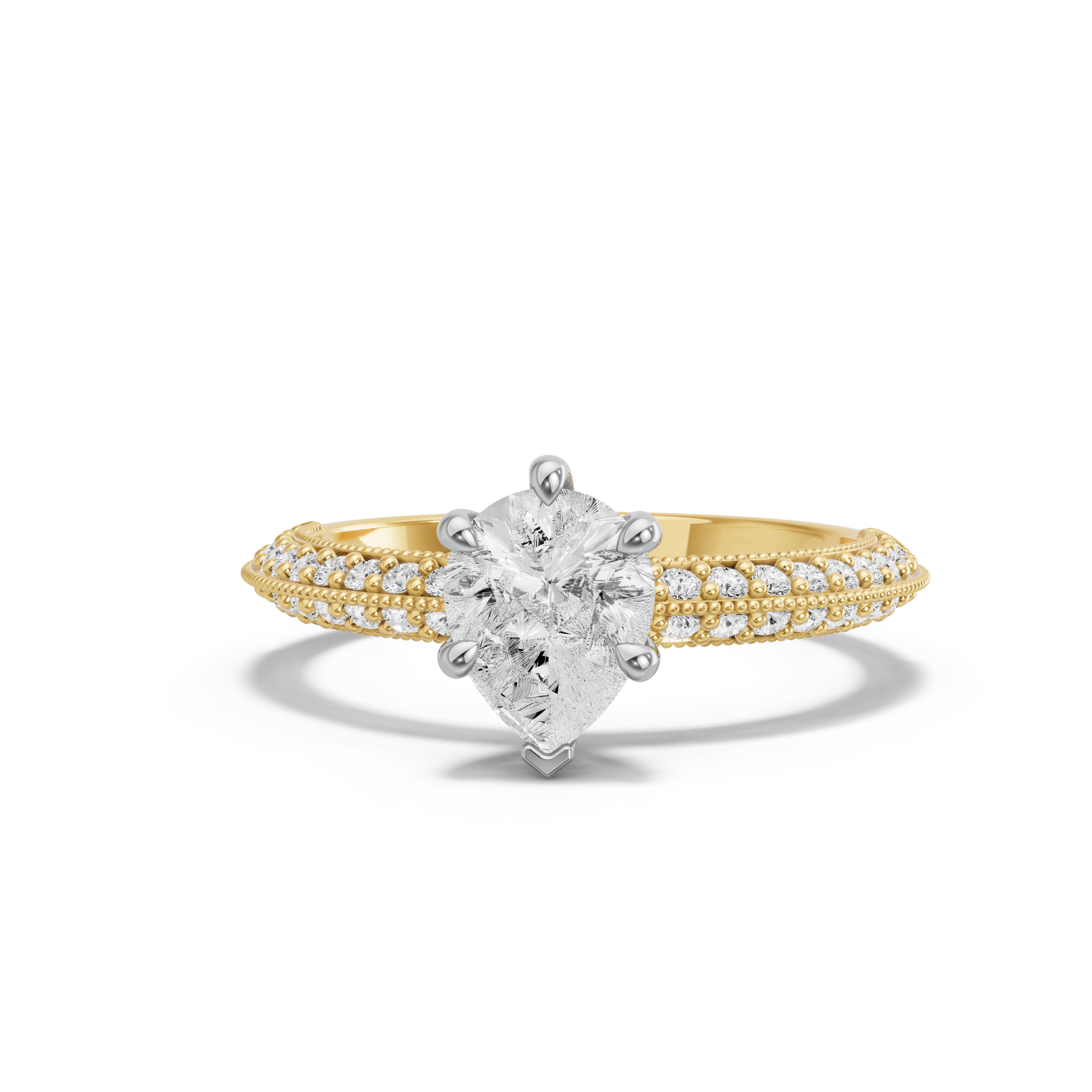 Image for pear-six-prong-ring-with-knife-edge-pave-band-in-10k-two-tone-yellow-gold