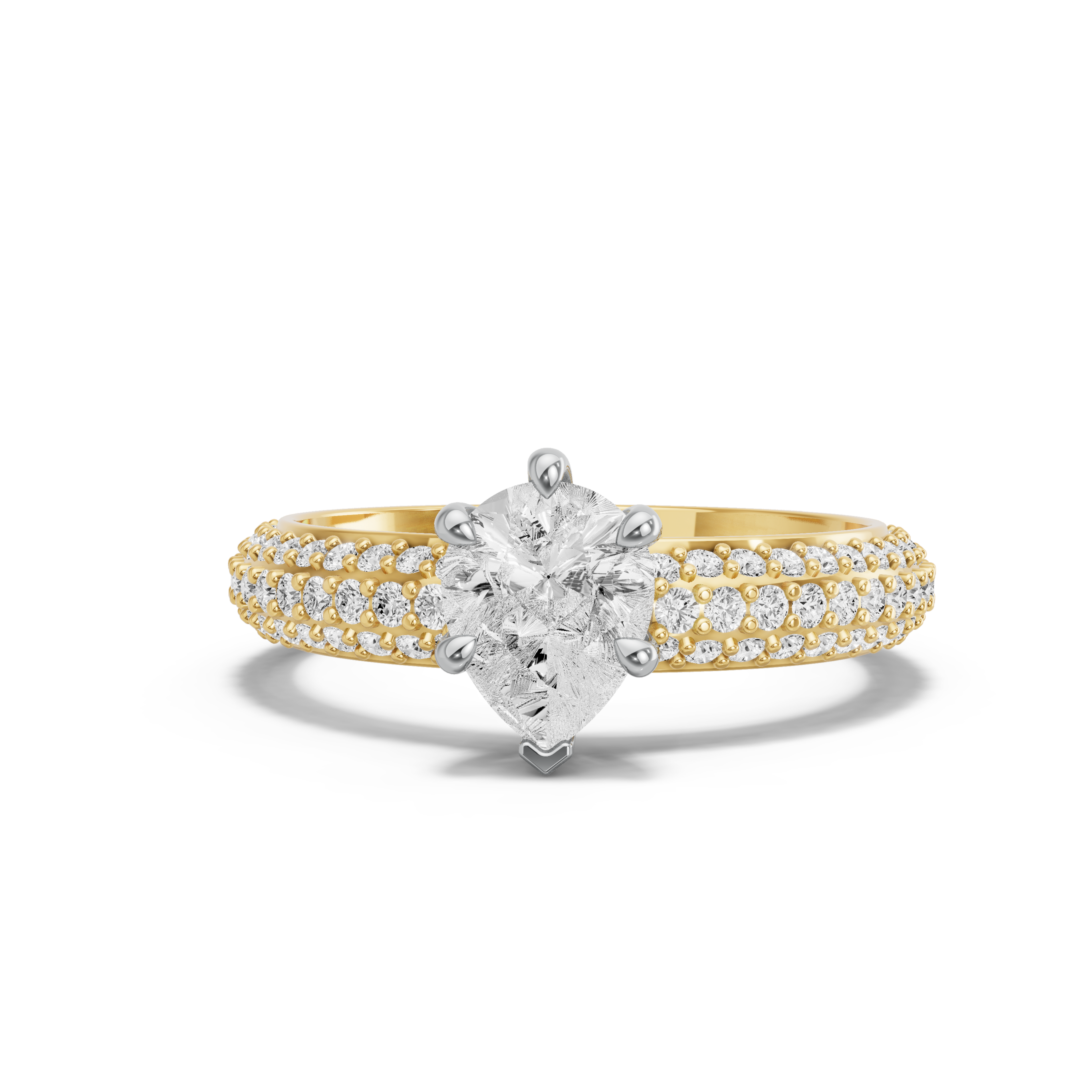 Image for pear-six-prong-ring-with-triple-row-pave-band-in-10k-two-tone-yellow-gold