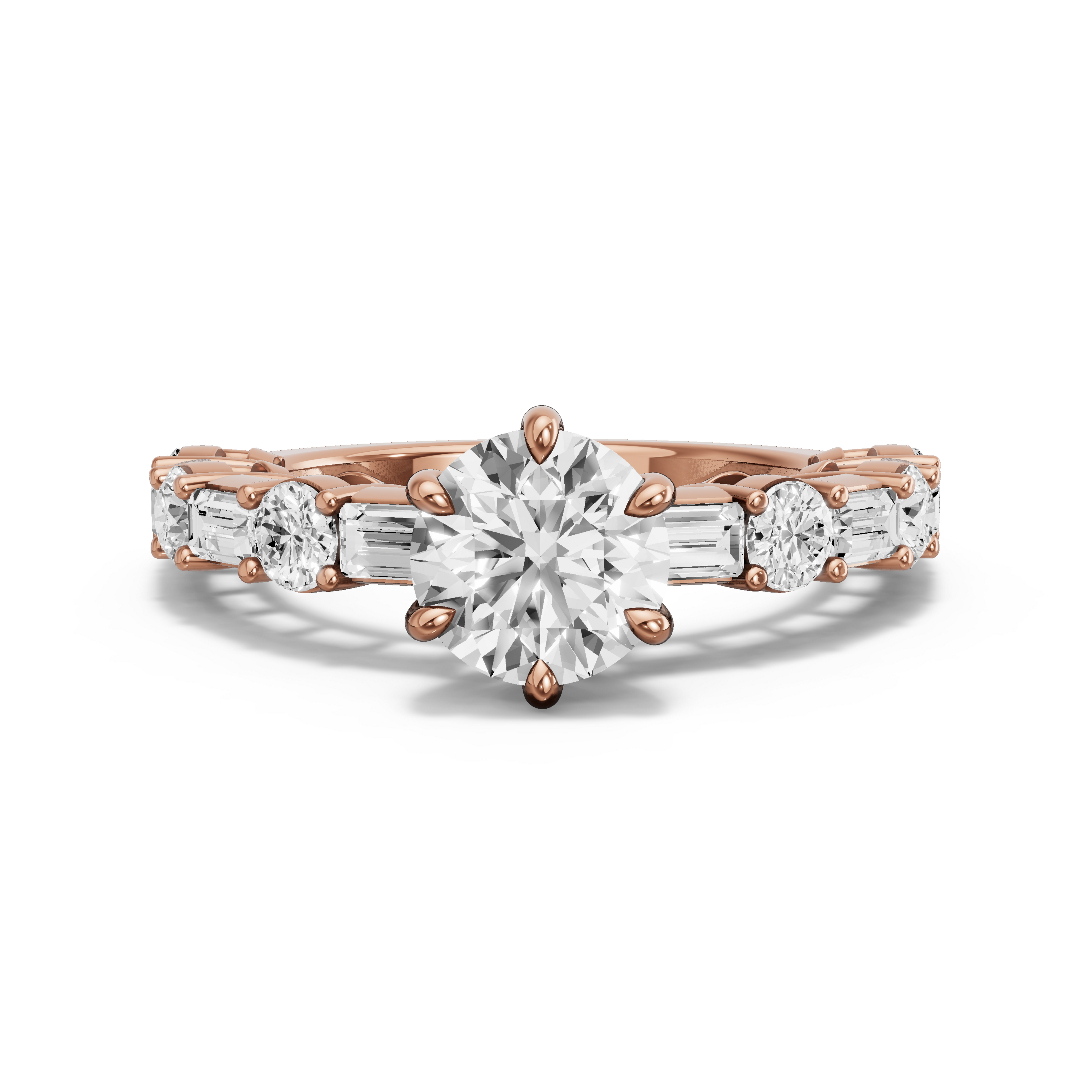 Image for Round Six Prong Ring with Alternating Baguette band in 10K Rose Gold