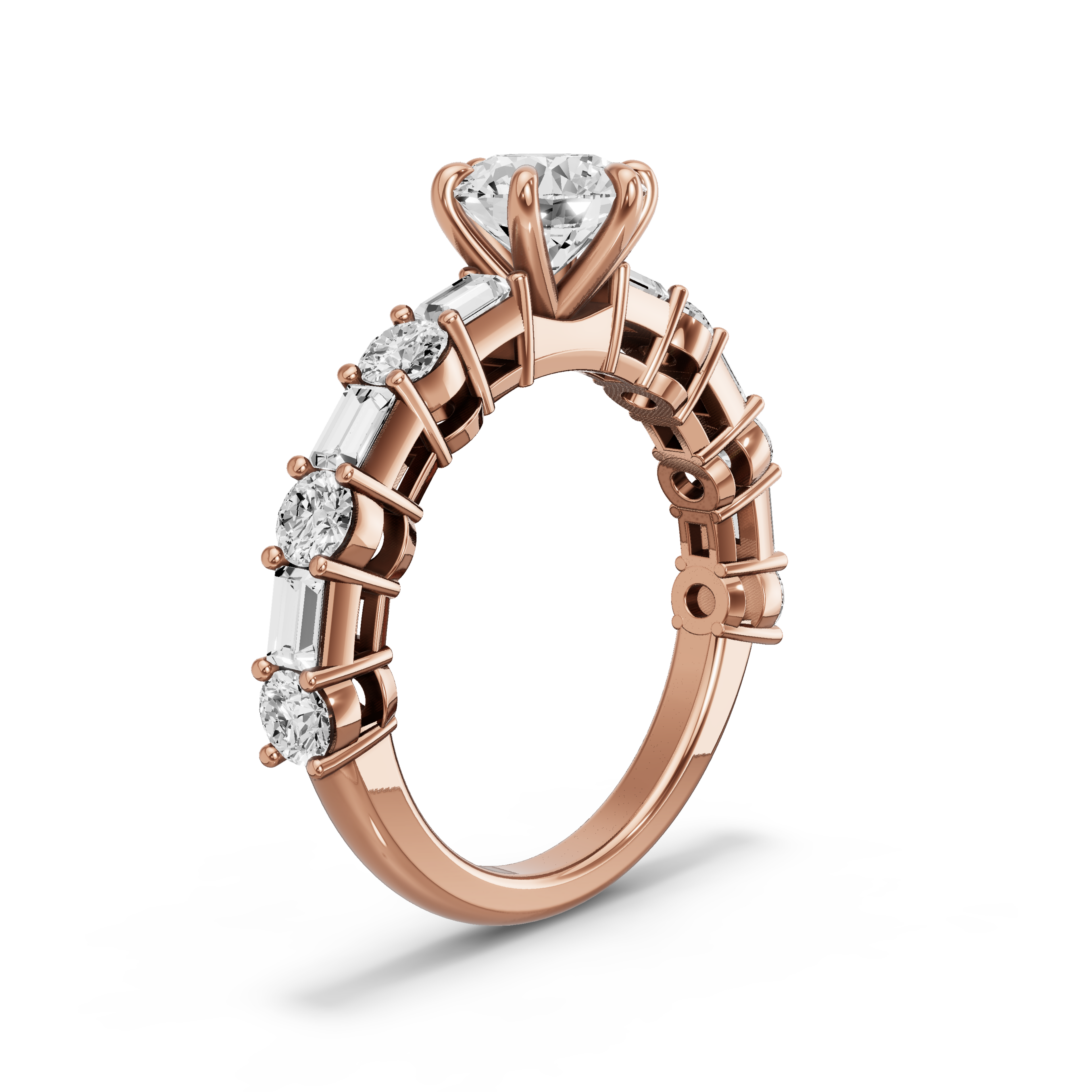 Image for Round Six Prong Ring with Alternating Baguette band in 14K Rose Gold