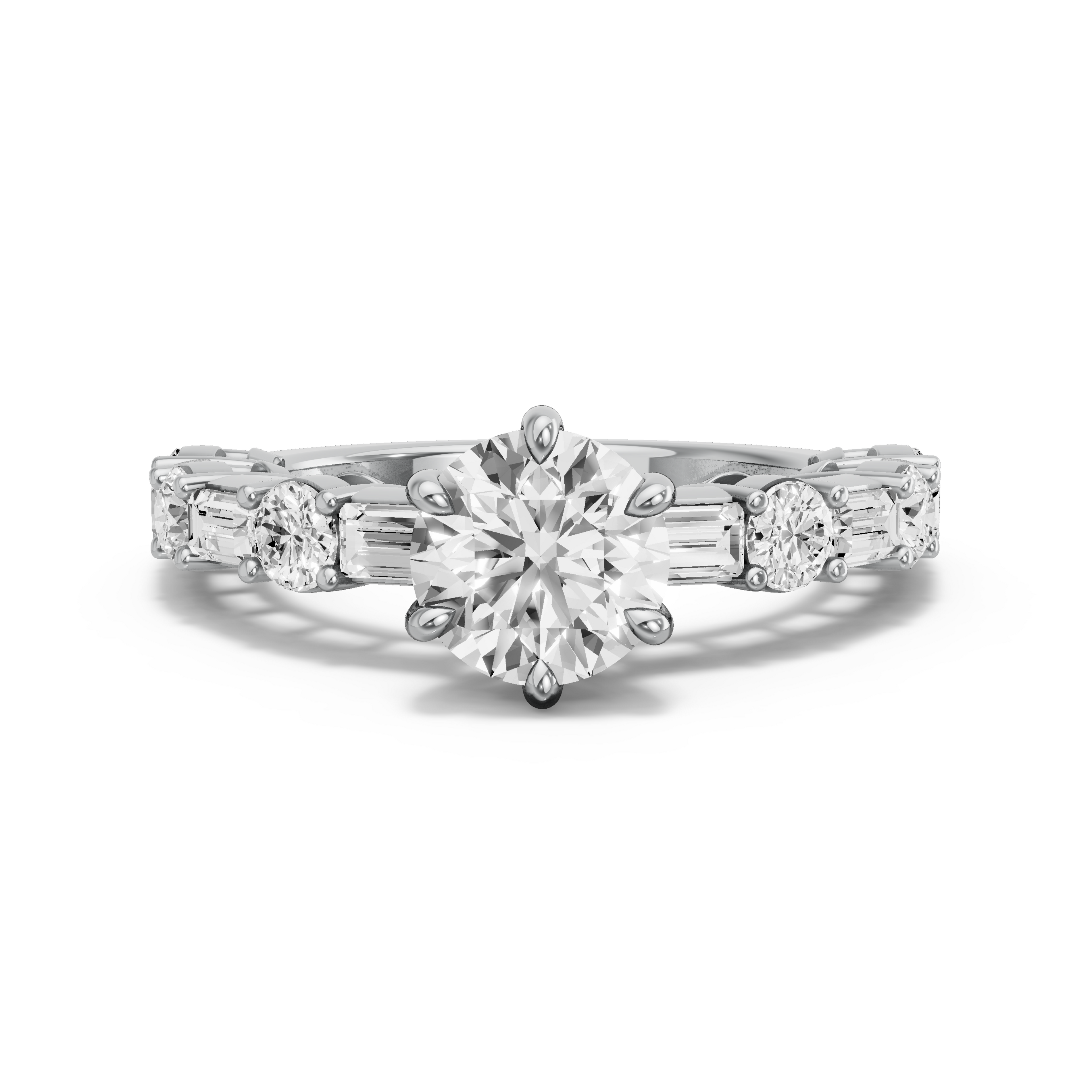 Image for Round Six Prong Ring with Alternating Baguette band in 14K White Gold
