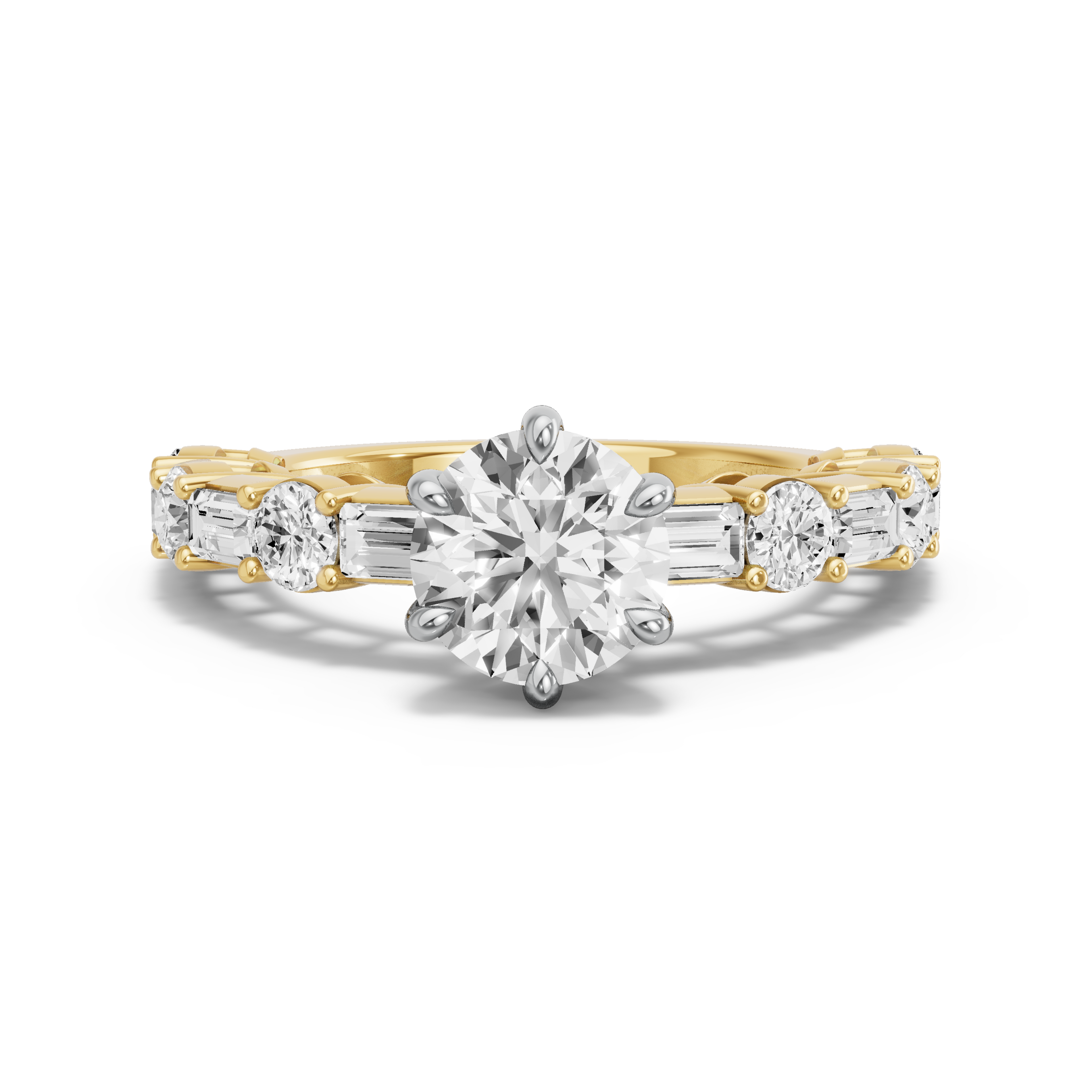 Image for Round Six Prong Ring with Alternating Baguette band in 10K Two Tone Yellow Gold