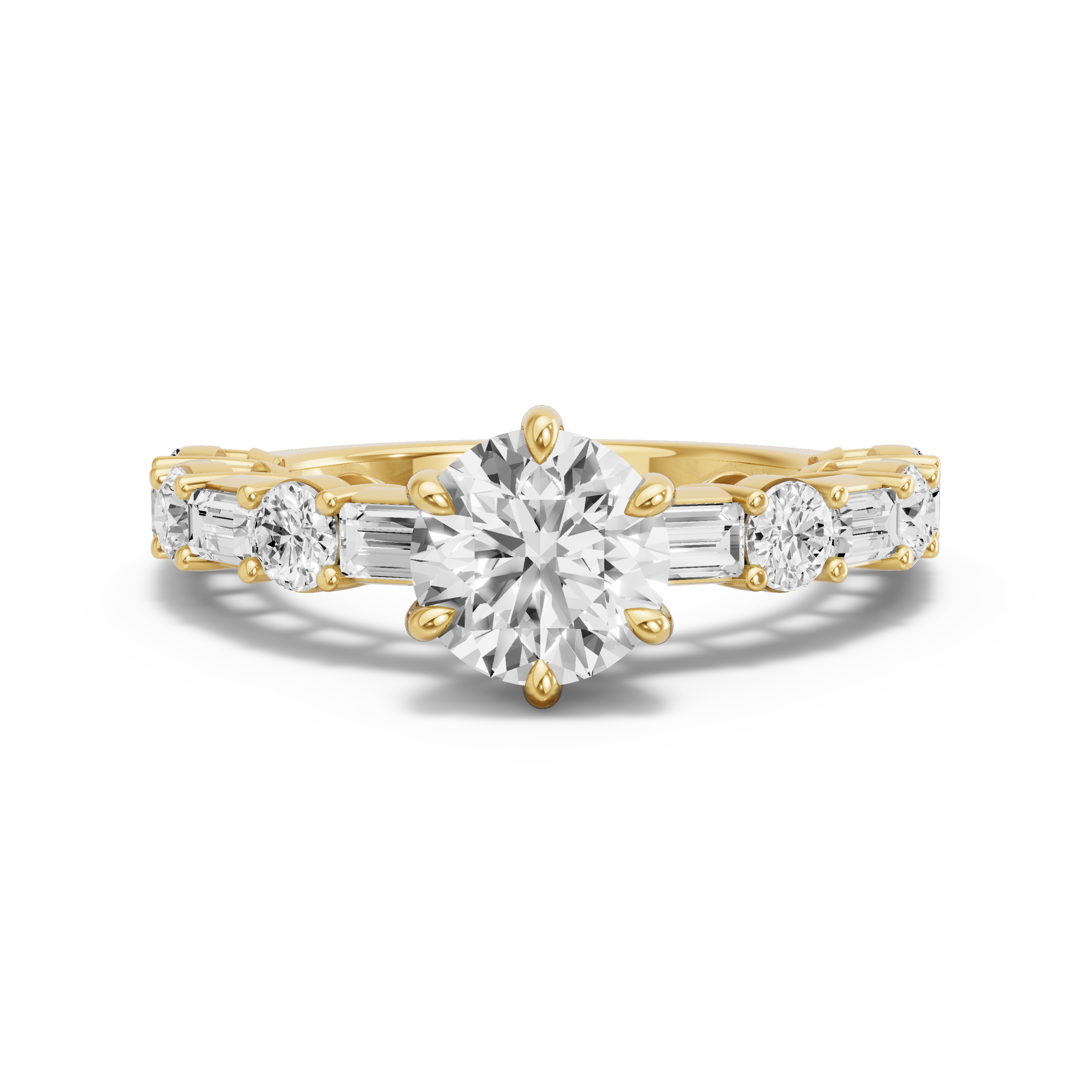 Image for Round Six Prong Ring with Alternating Baguette band in 18K Yellow Gold