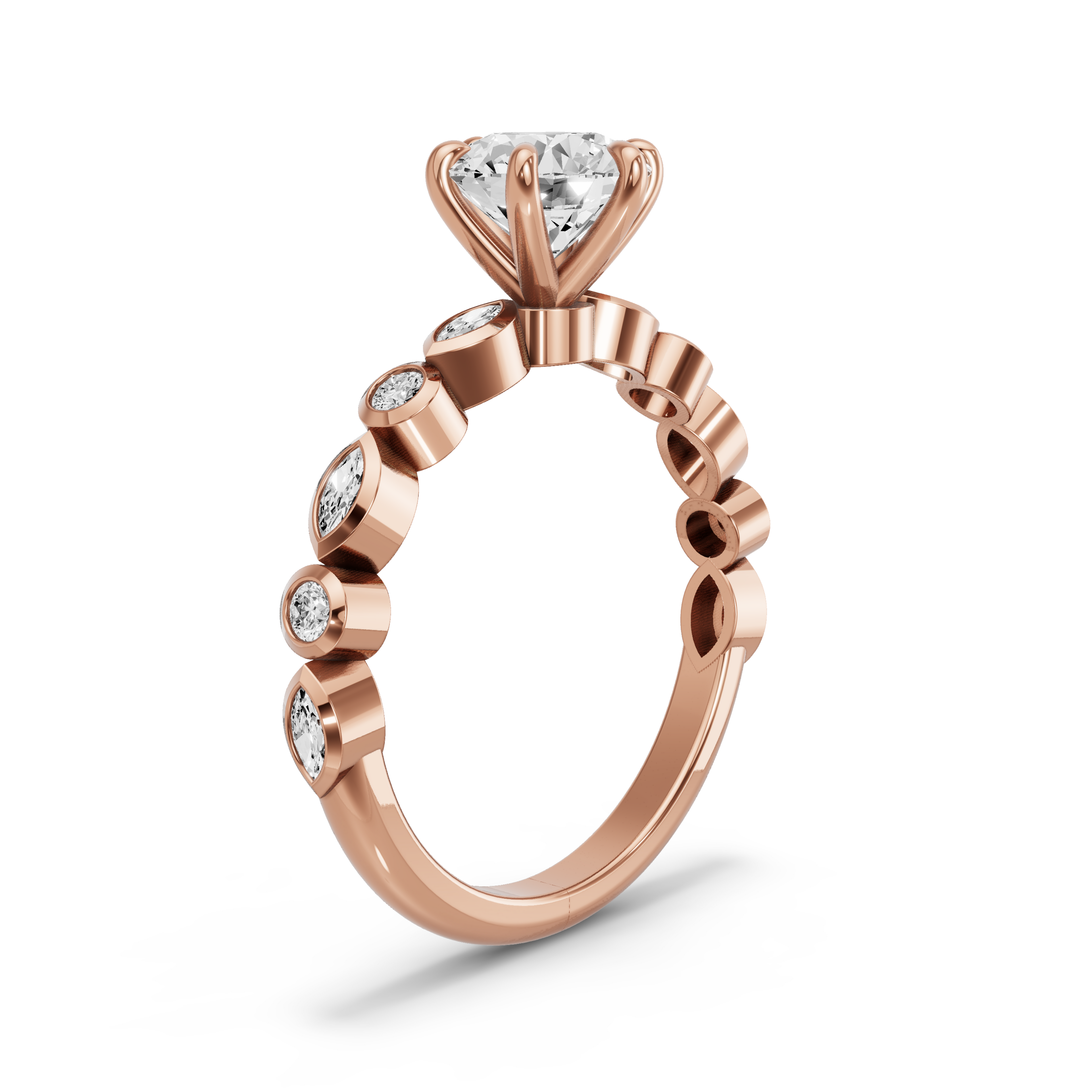 Image for Round Six Prong Ring with Alternating Marquise band in 14K Rose Gold