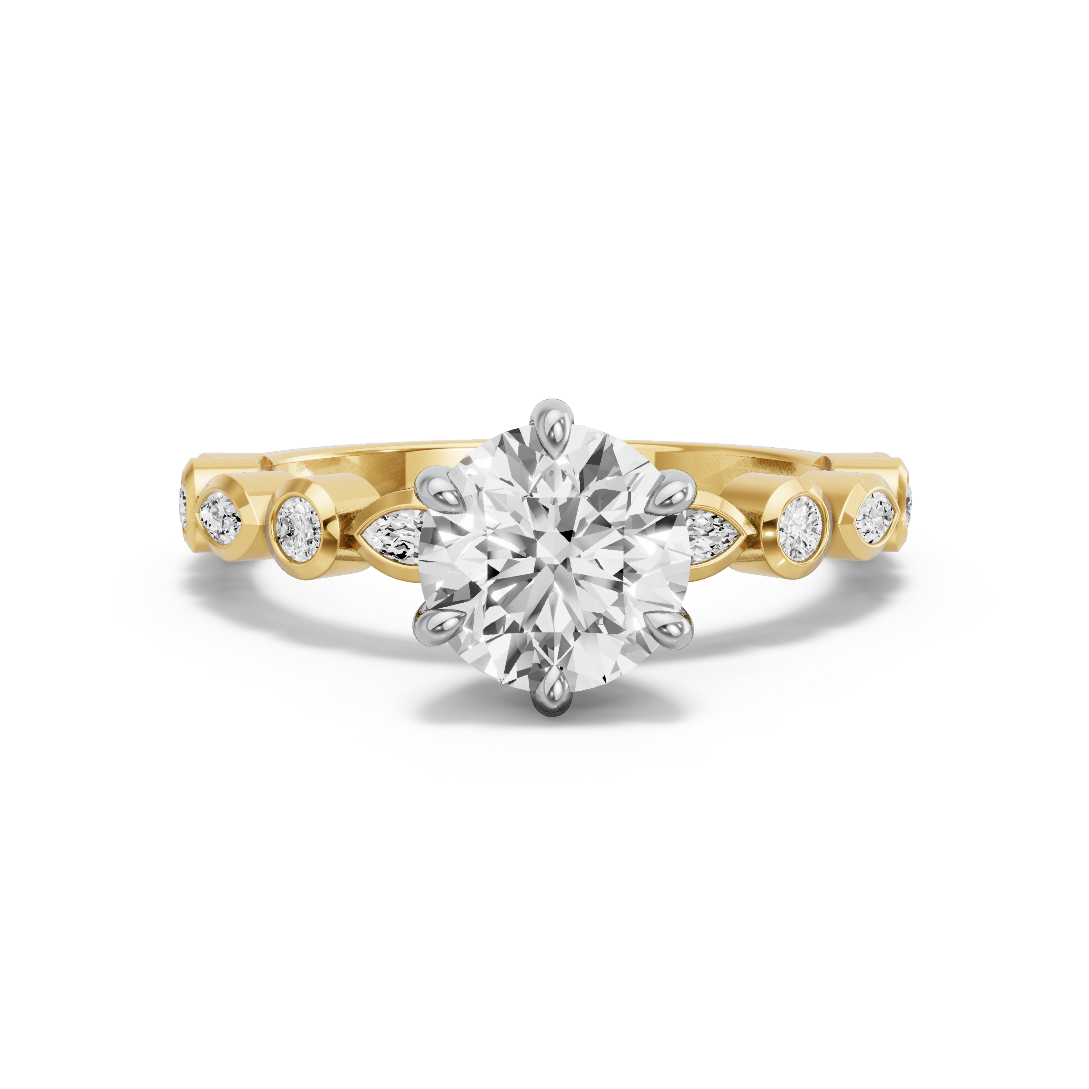 Image for Round Six Prong Ring with Alternating Marquise band in 10K Two Tone Yellow Gold