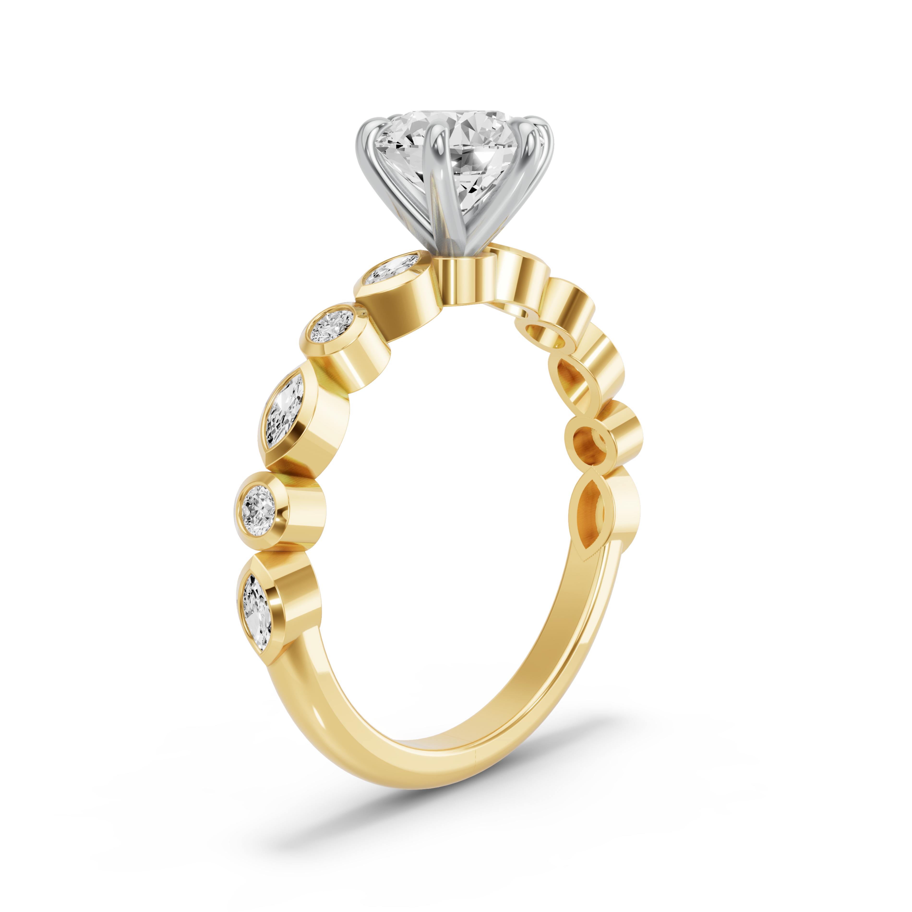 Image for Round Six Prong Ring with Alternating Marquise band in 14K Two Tone Yellow Gold