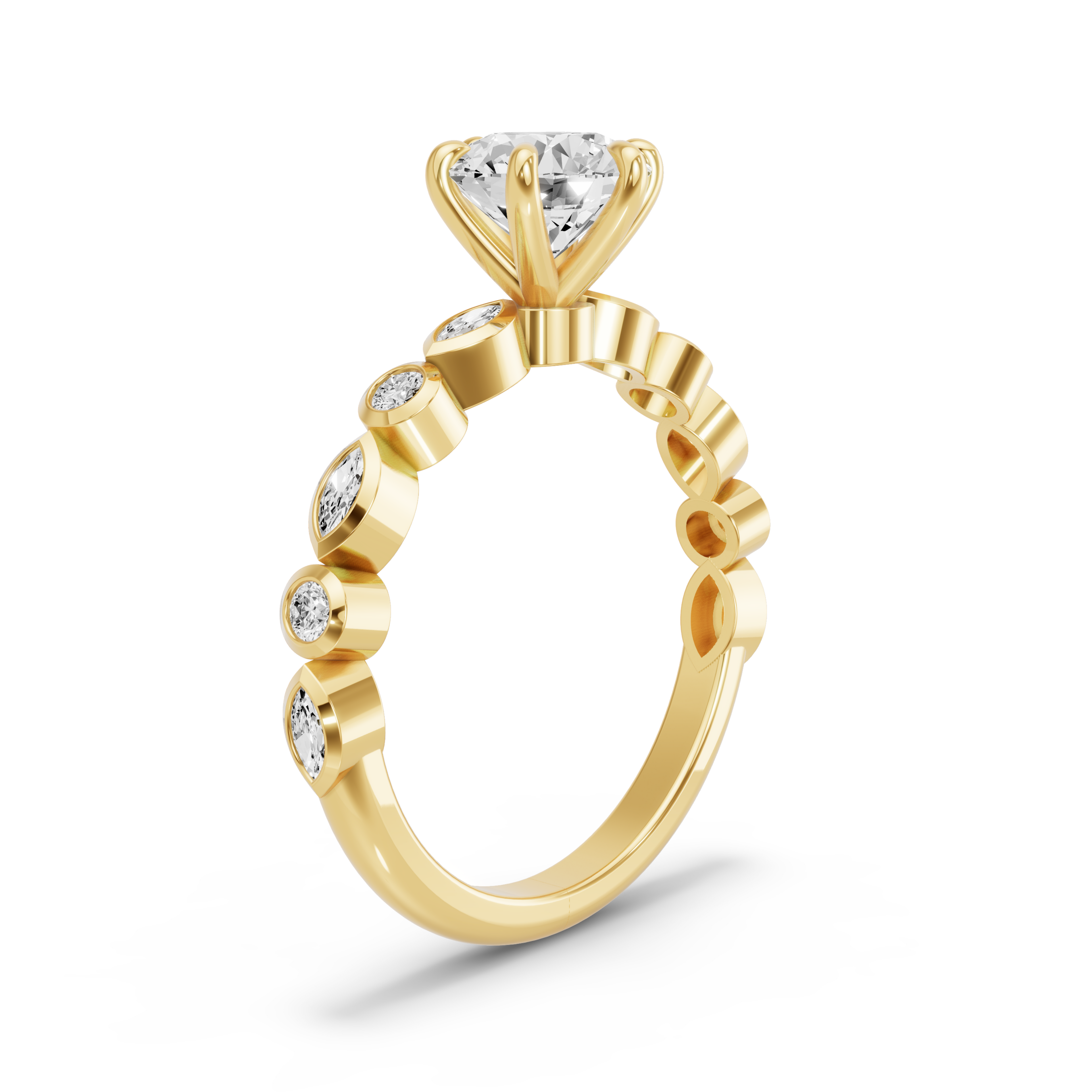 Image for Round Six Prong Ring with Alternating Marquise band in 14K Yellow Gold