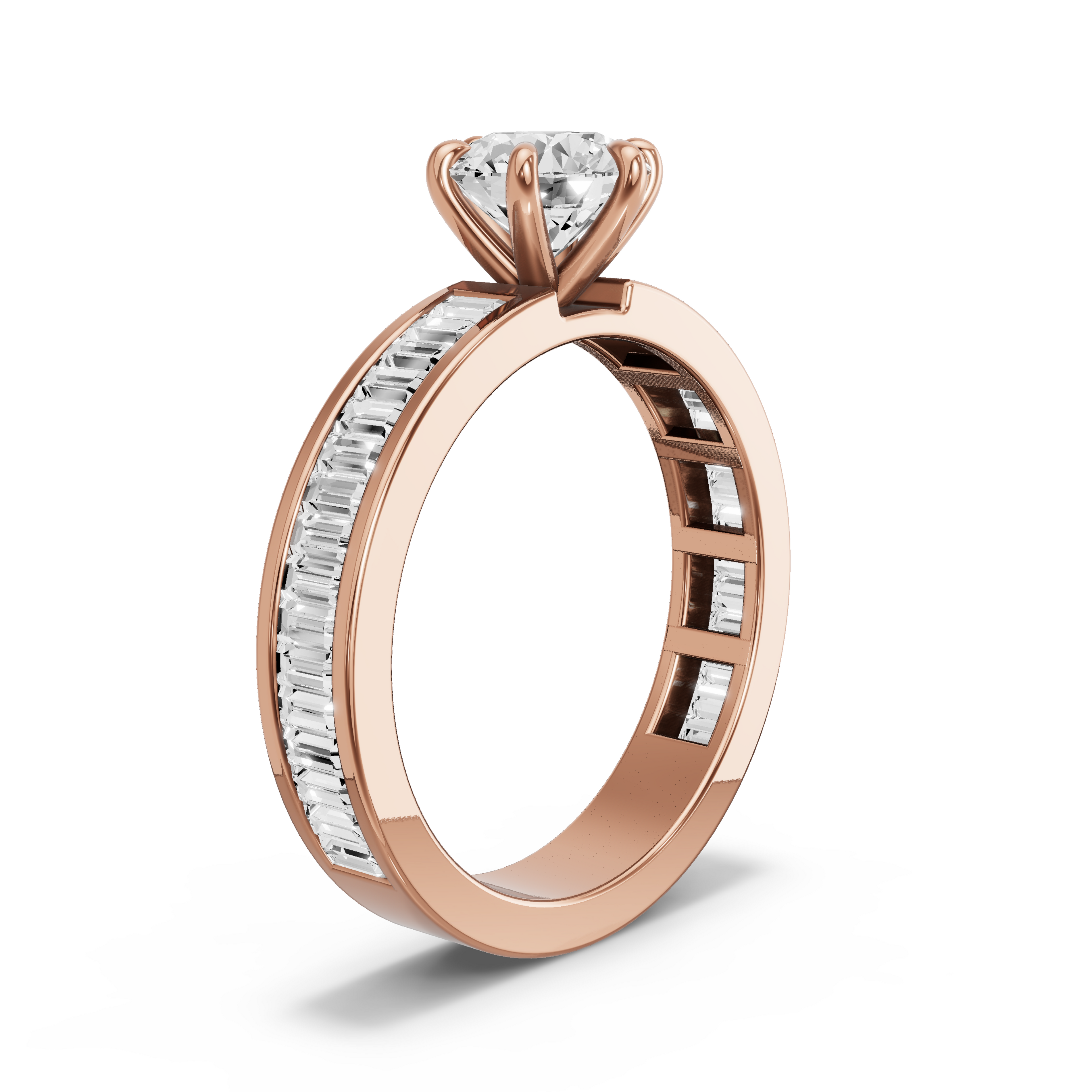Image for Round Six Prong Ring with Baguette Channel band in 18K Rose Gold