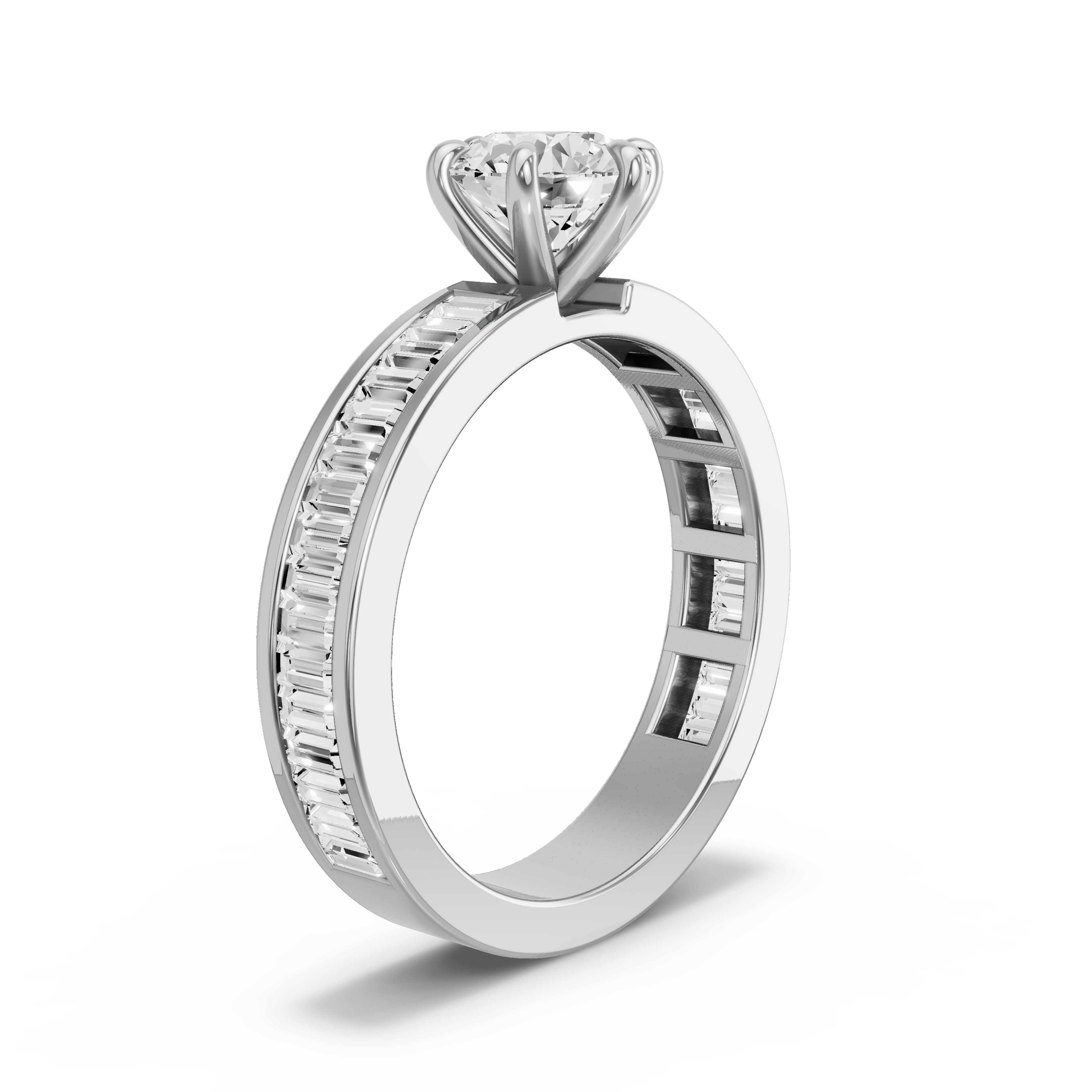 Image for Round Six Prong Ring with Baguette Channel band in 14K White Gold