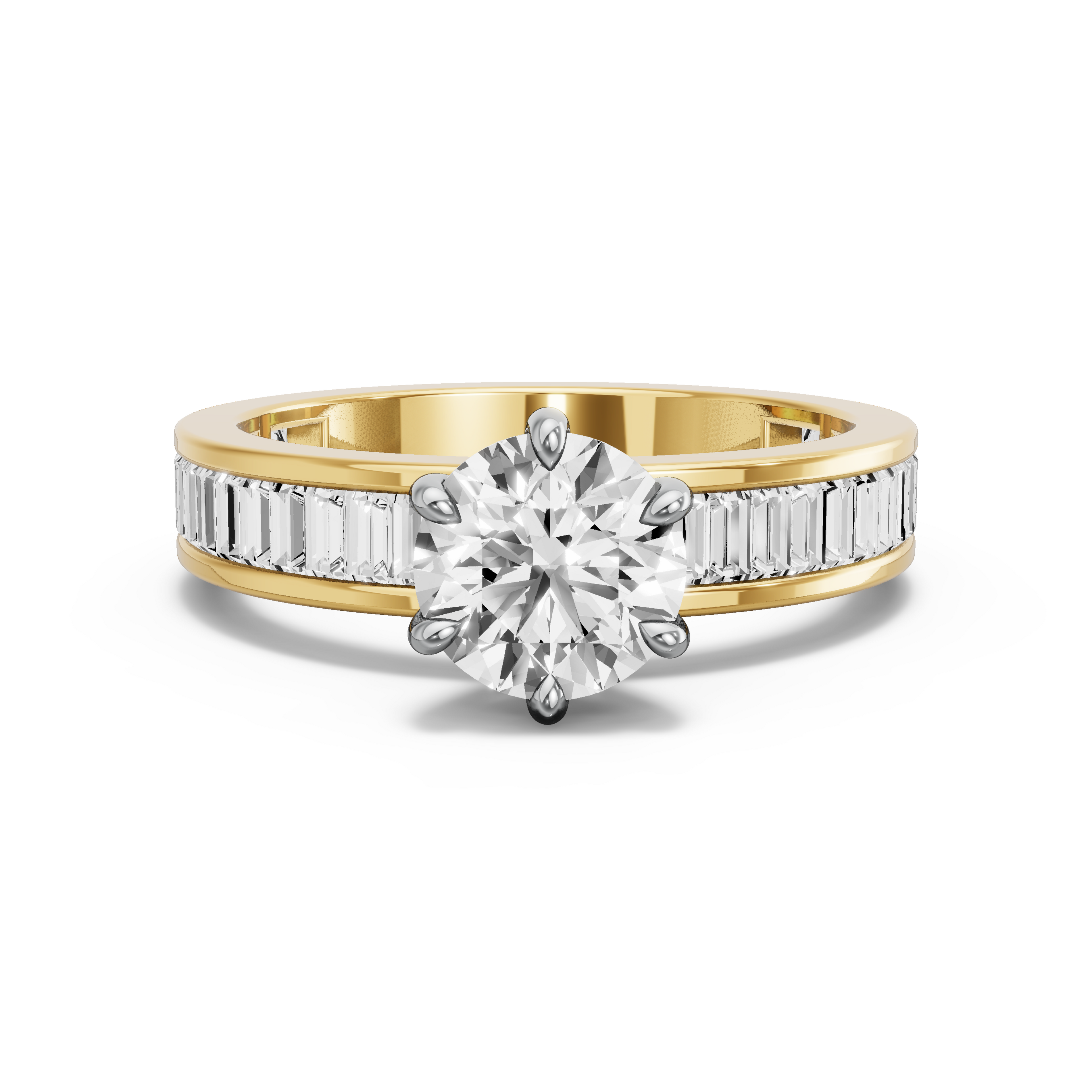Image for Round Six Prong Ring with Baguette Channel band in 10K Two Tone Yellow Gold