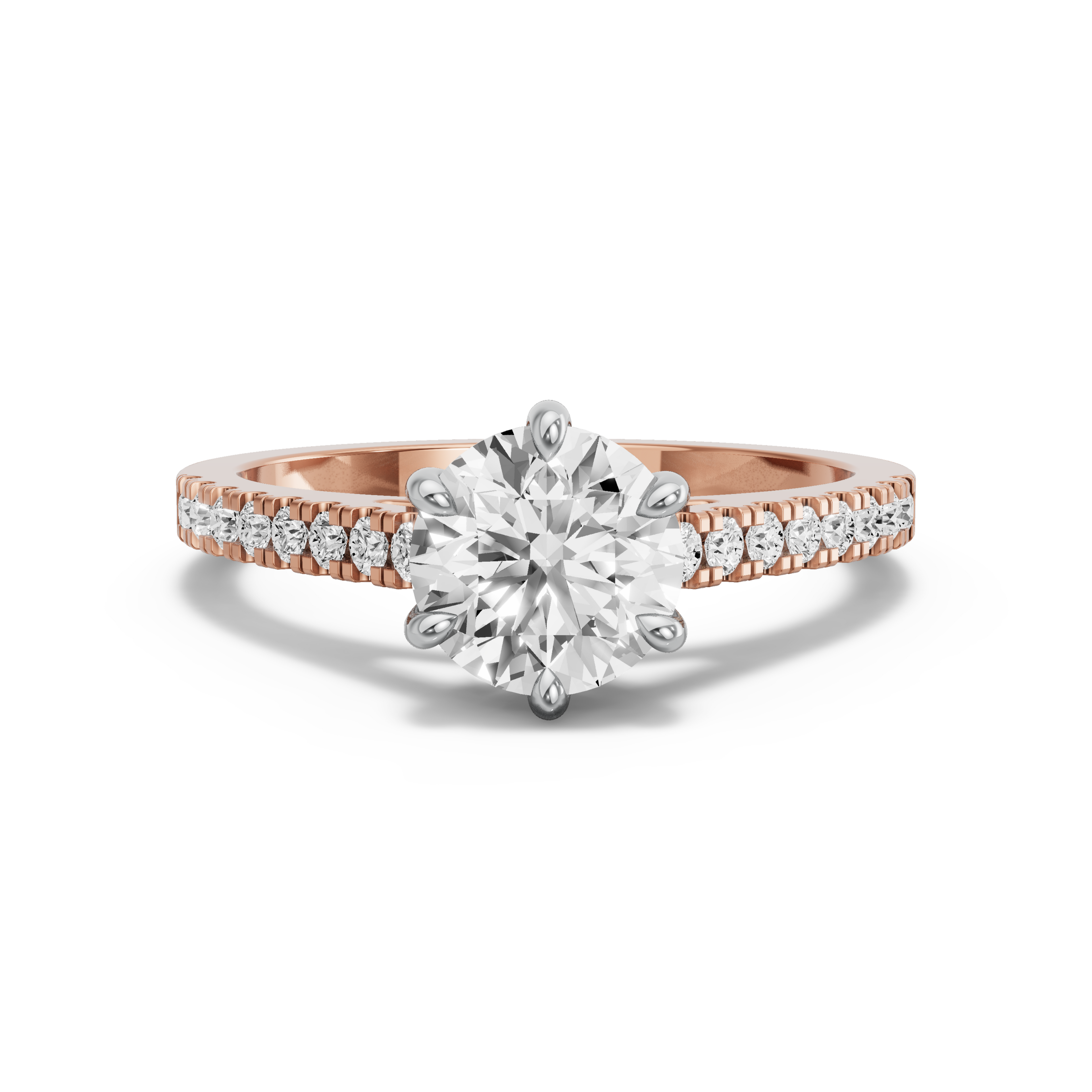 Image for Round Six Prong Ring with Cathedral Pave band in 18K Two Tone Rose Gold