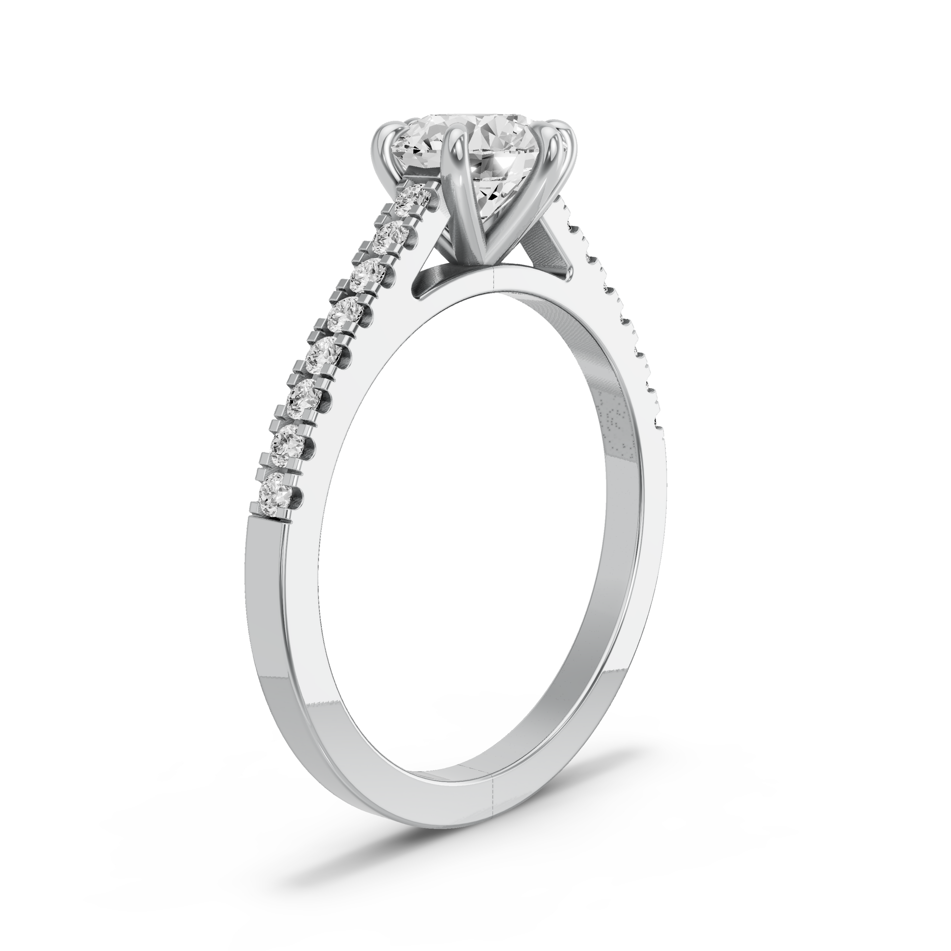 Image for Round Six Prong Ring with Cathedral Pave band in 14K White Gold