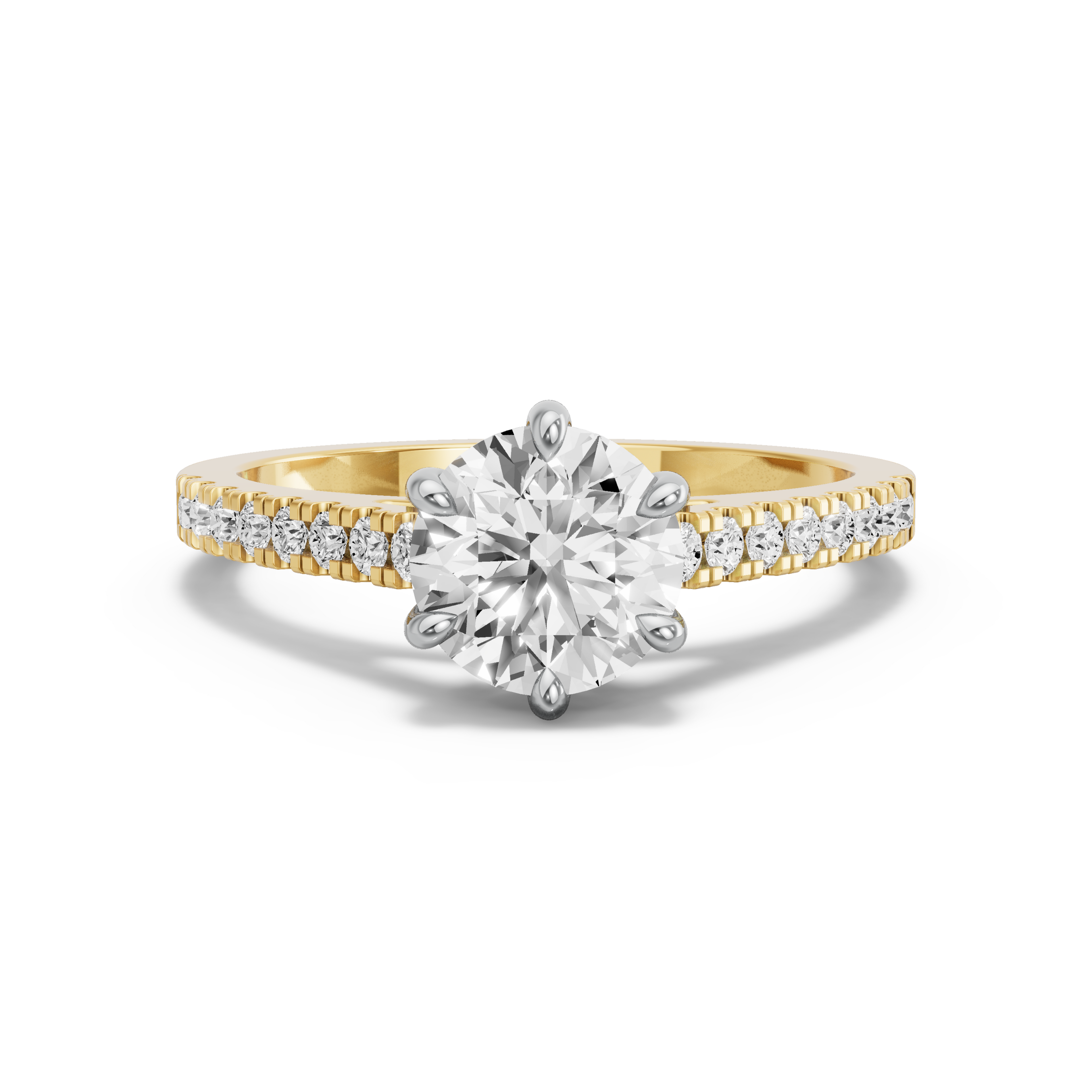 Image for Round Six Prong Ring with Cathedral Pave band in 14K Two Tone Yellow Gold