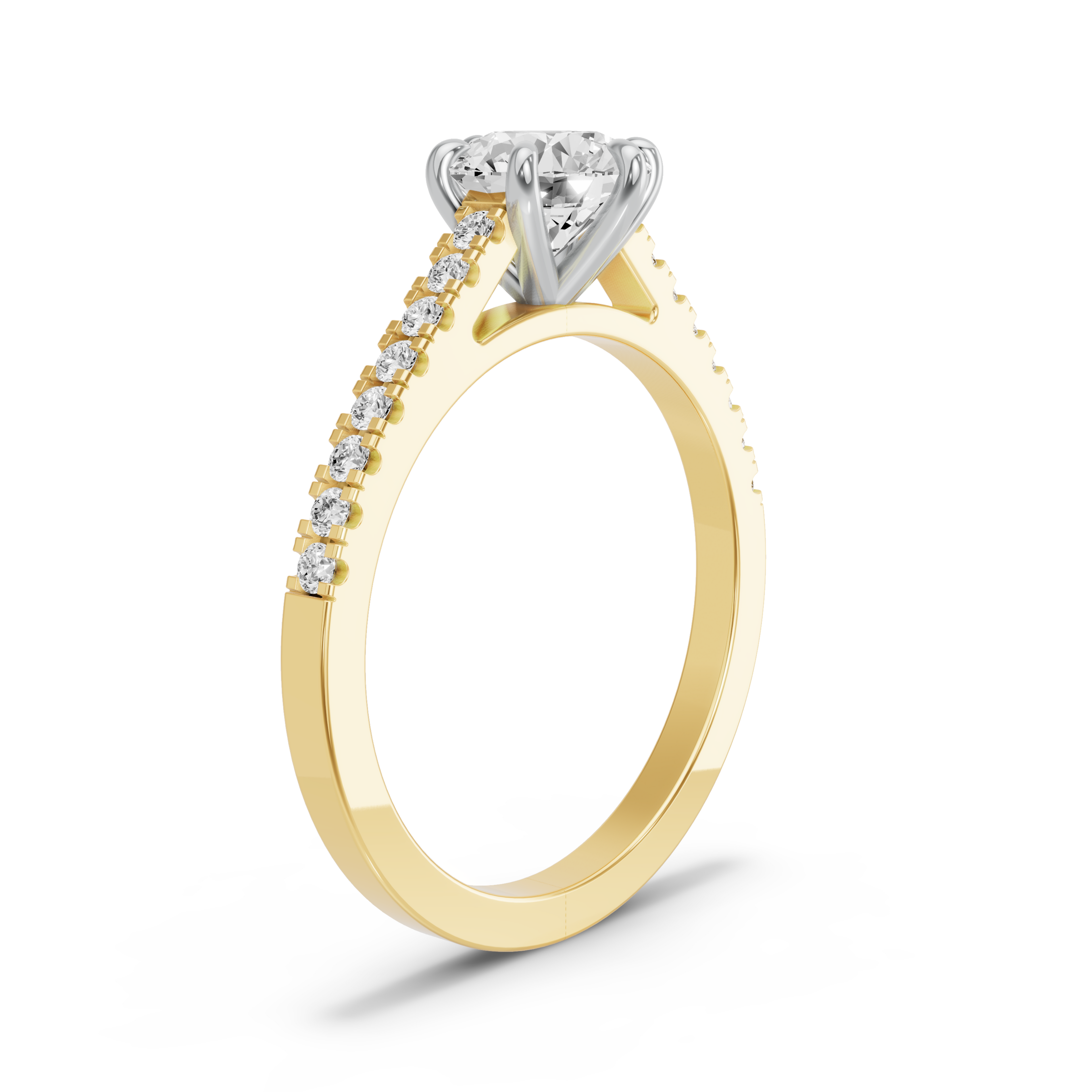 Image for Round Six Prong Ring with Cathedral Pave band in 18K Two Tone Yellow Gold