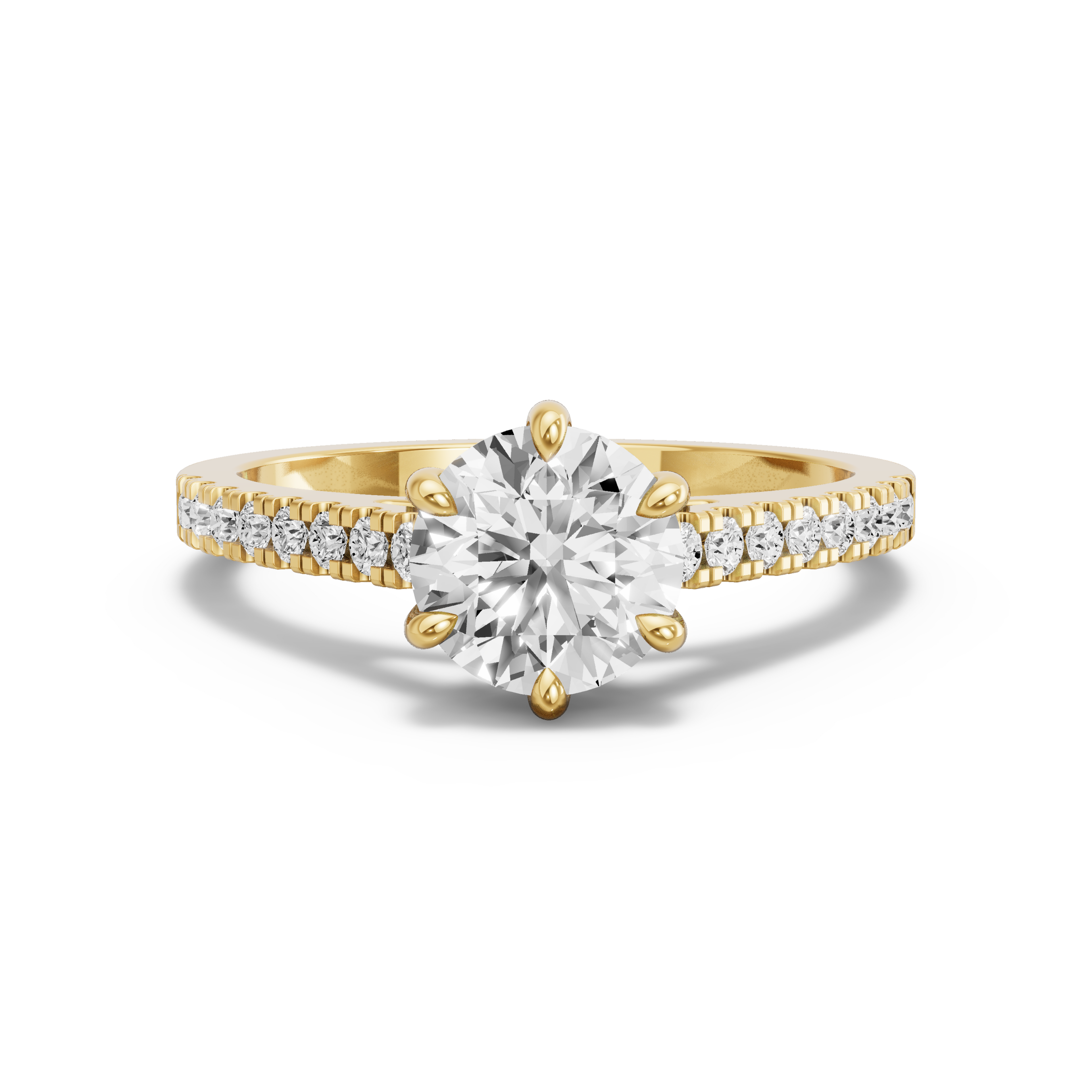Image for Round Six Prong Ring with Cathedral Pave band in 14K Yellow Gold