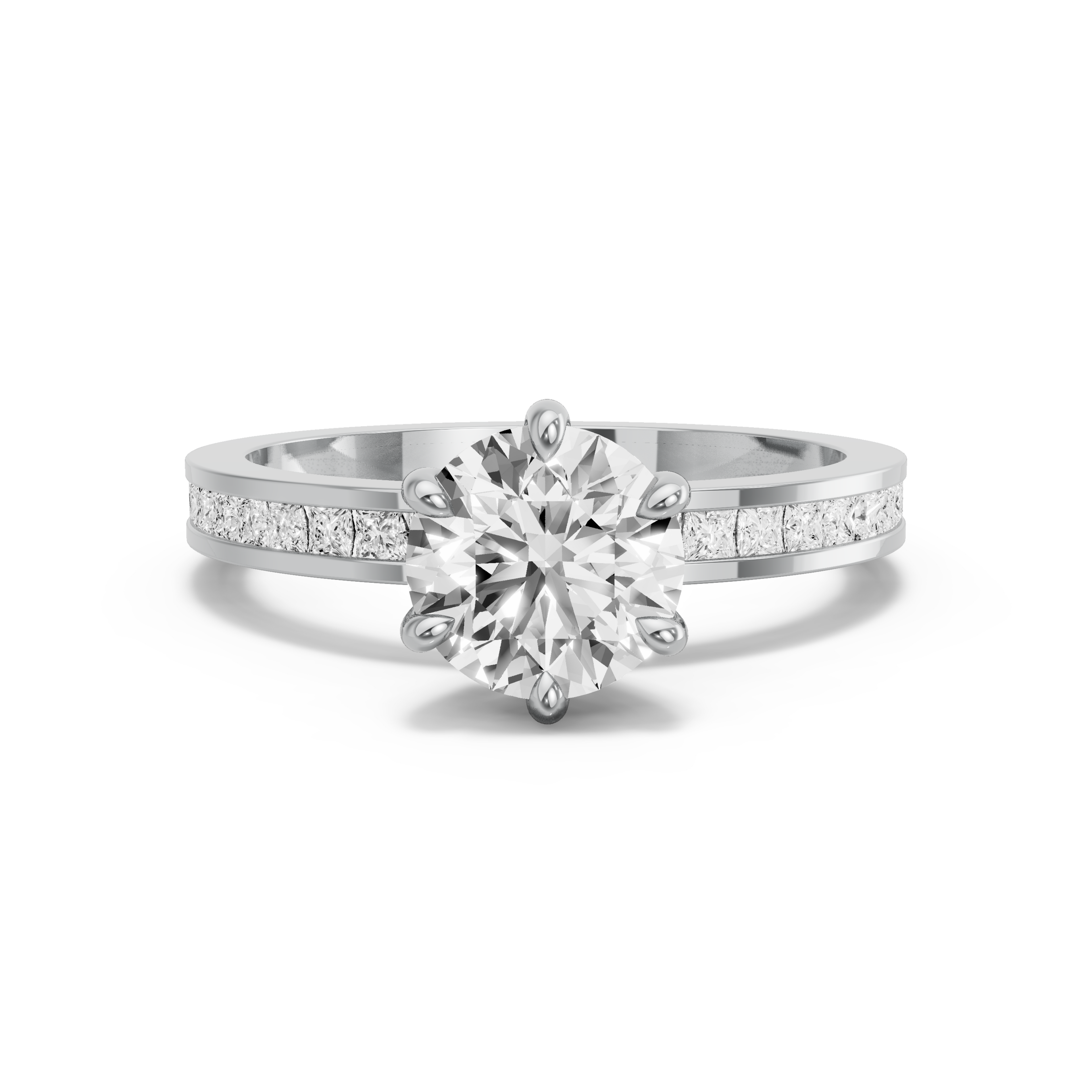 Image for Round Six Prong Ring with Channel band in 18K White Gold