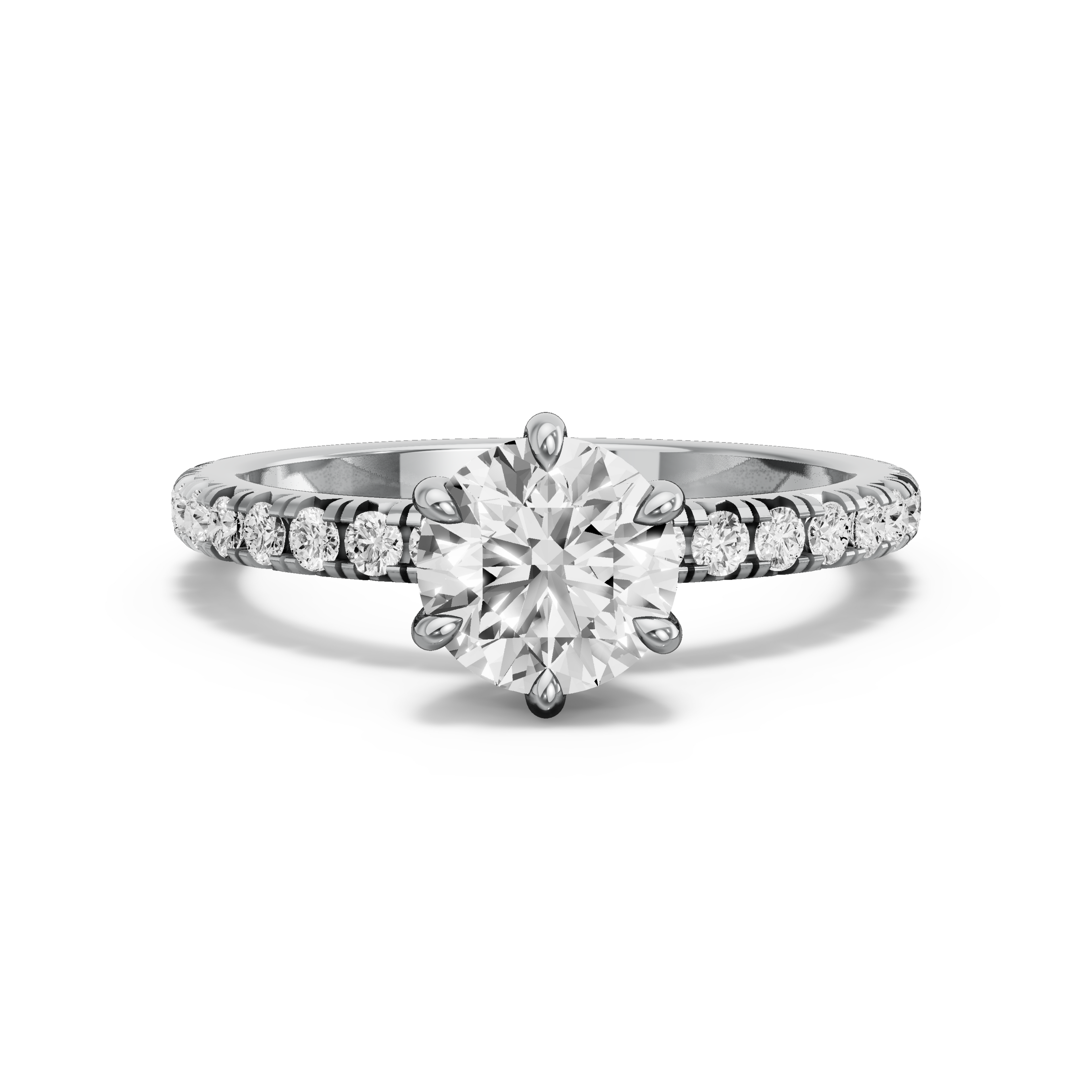 Image for Round Six Prong Ring with French Pave band in 18K White Gold