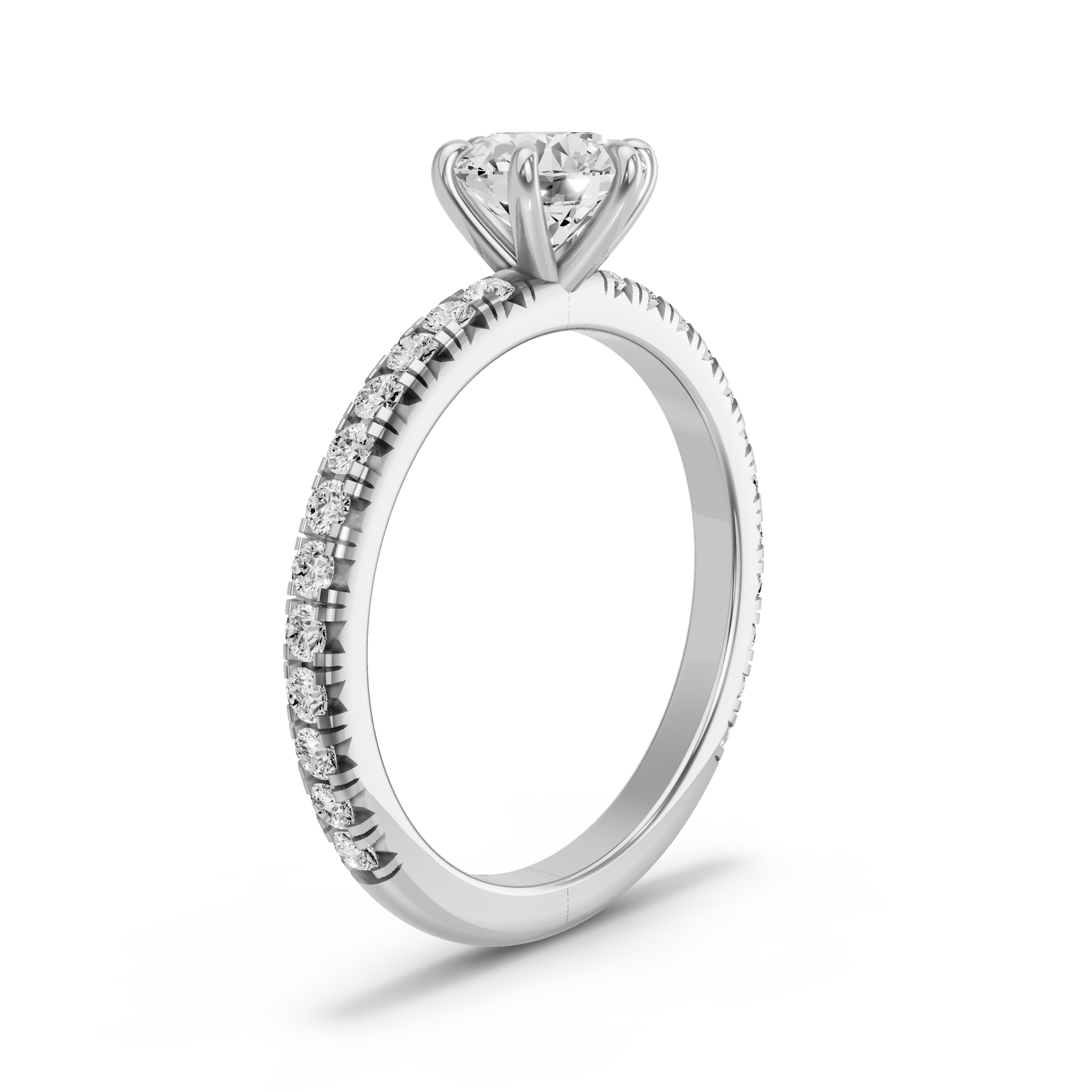 Image for Round Six Prong Ring with French Pave band in 18K White Gold