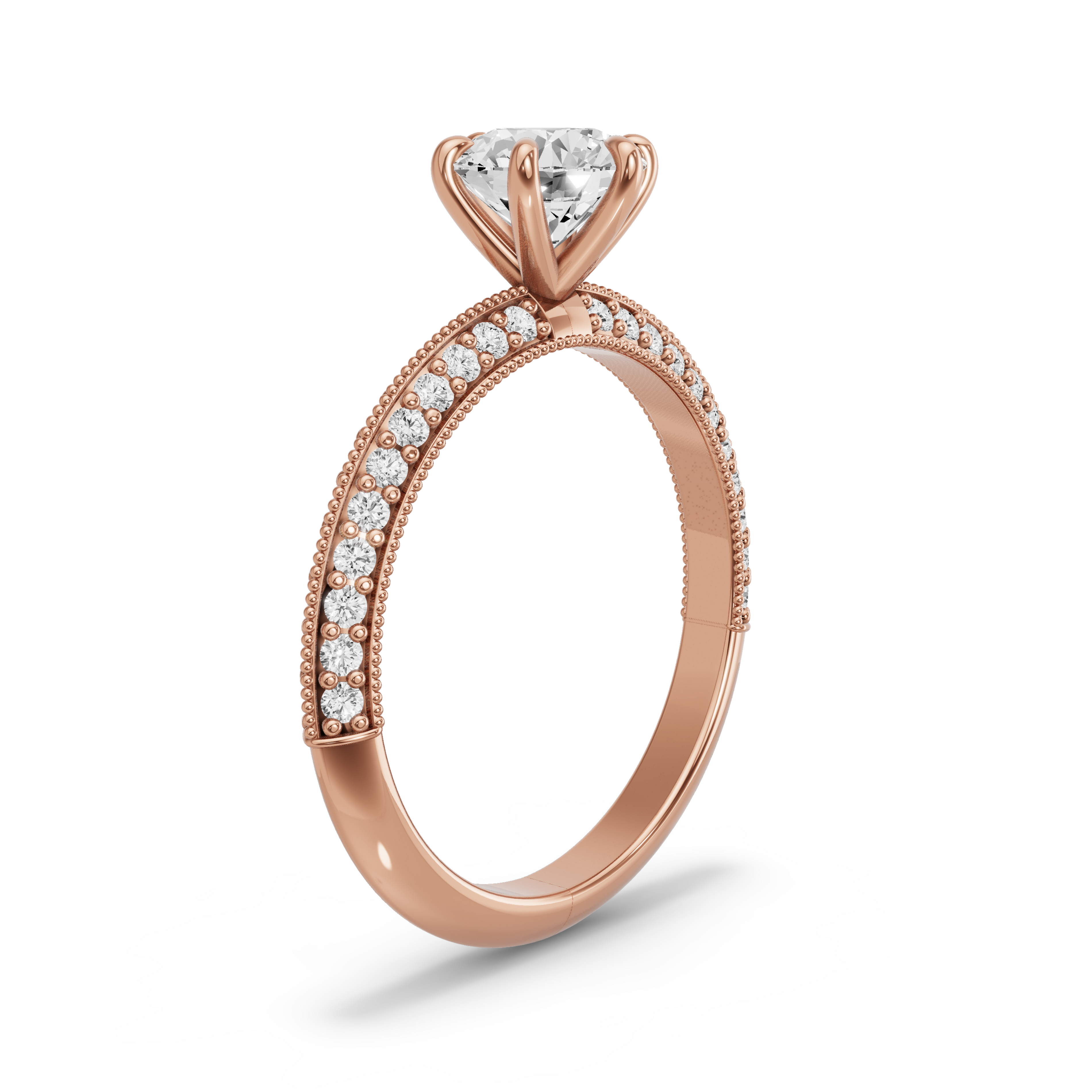 Image for Round Six Prong Ring with Knife Edge Pave band in 18K Rose Gold
