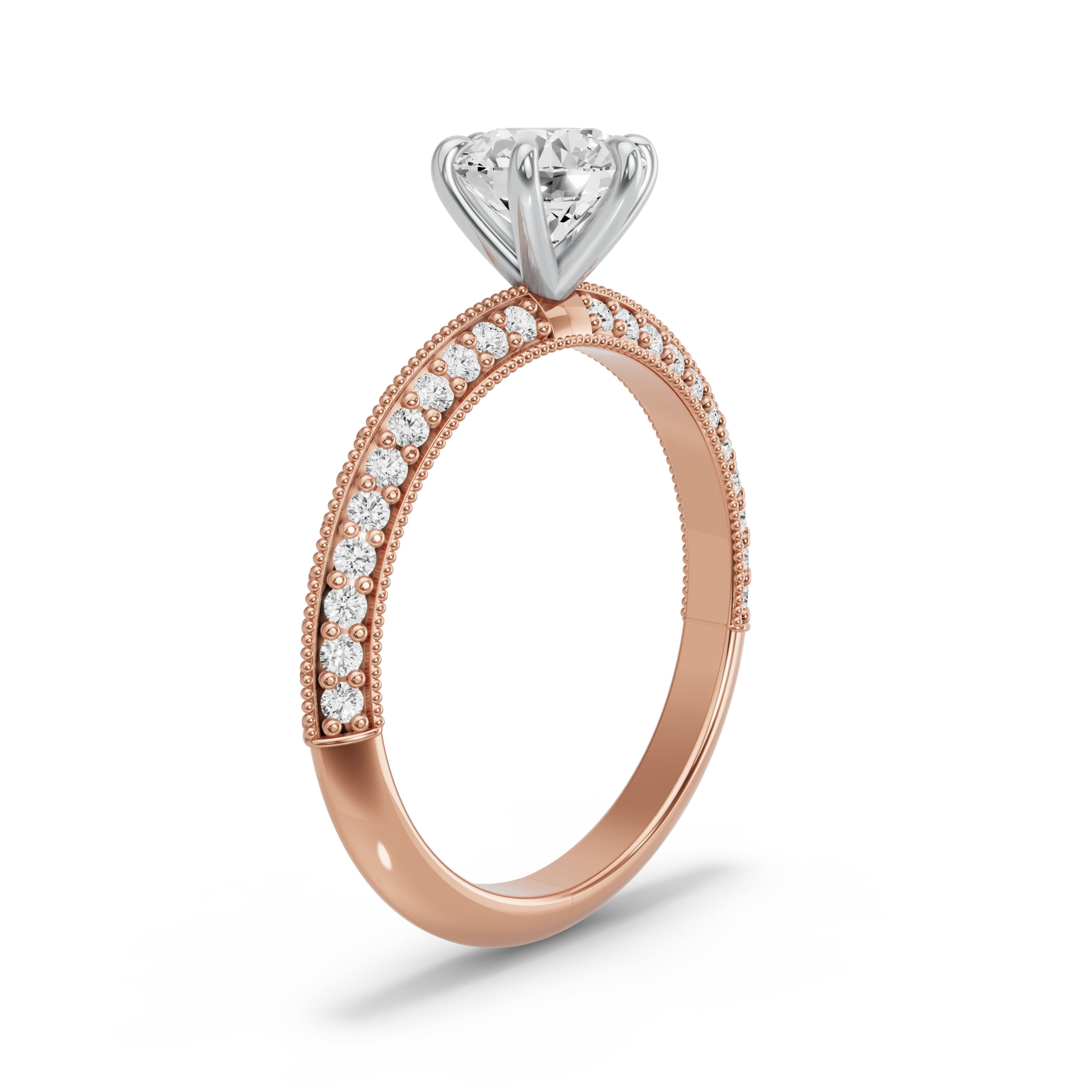 Image for Round Six Prong Ring with Knife Edge Pave band in 18K Two Tone Rose Gold