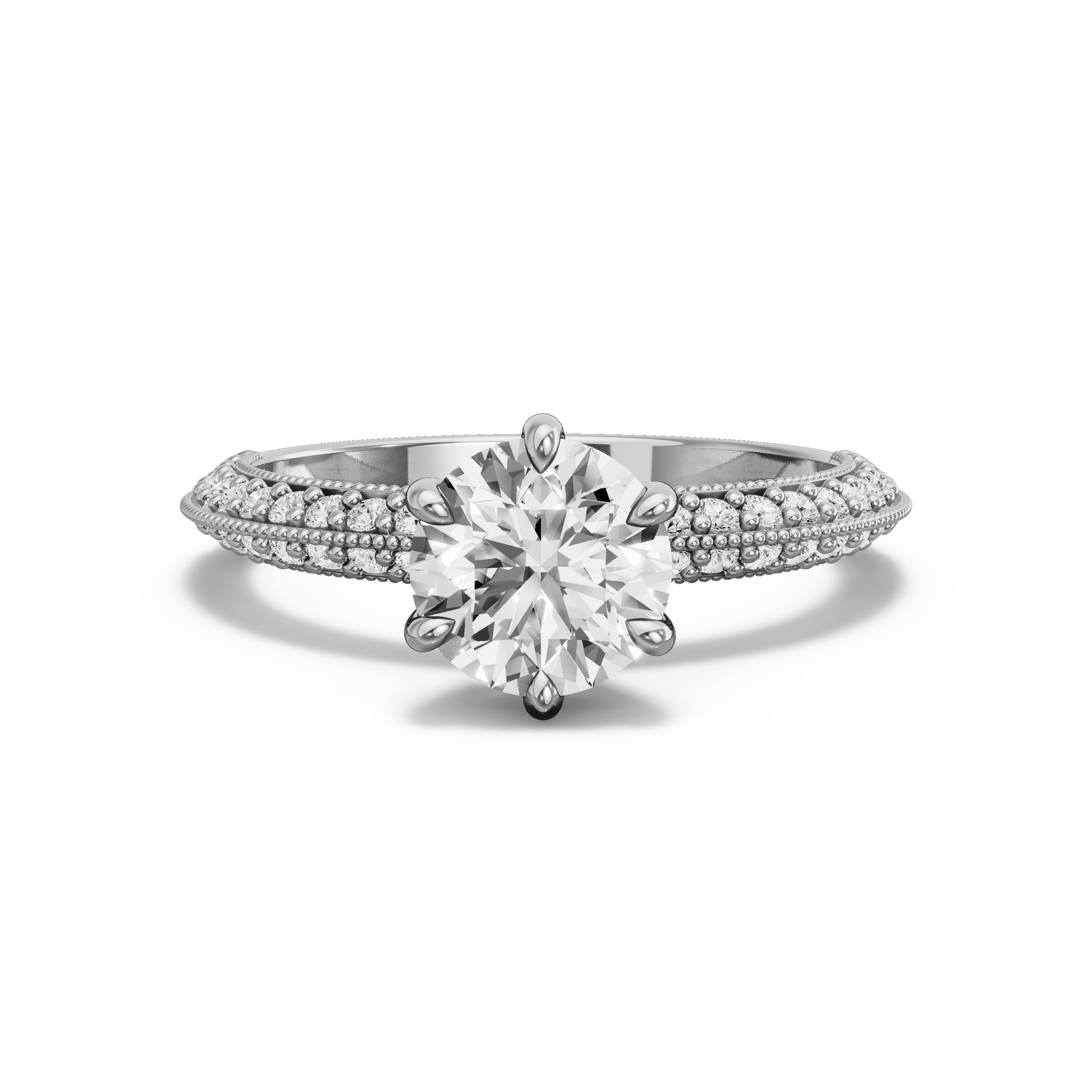 Image for Round Six Prong Ring with Knife Edge Pave band in 14K White Gold