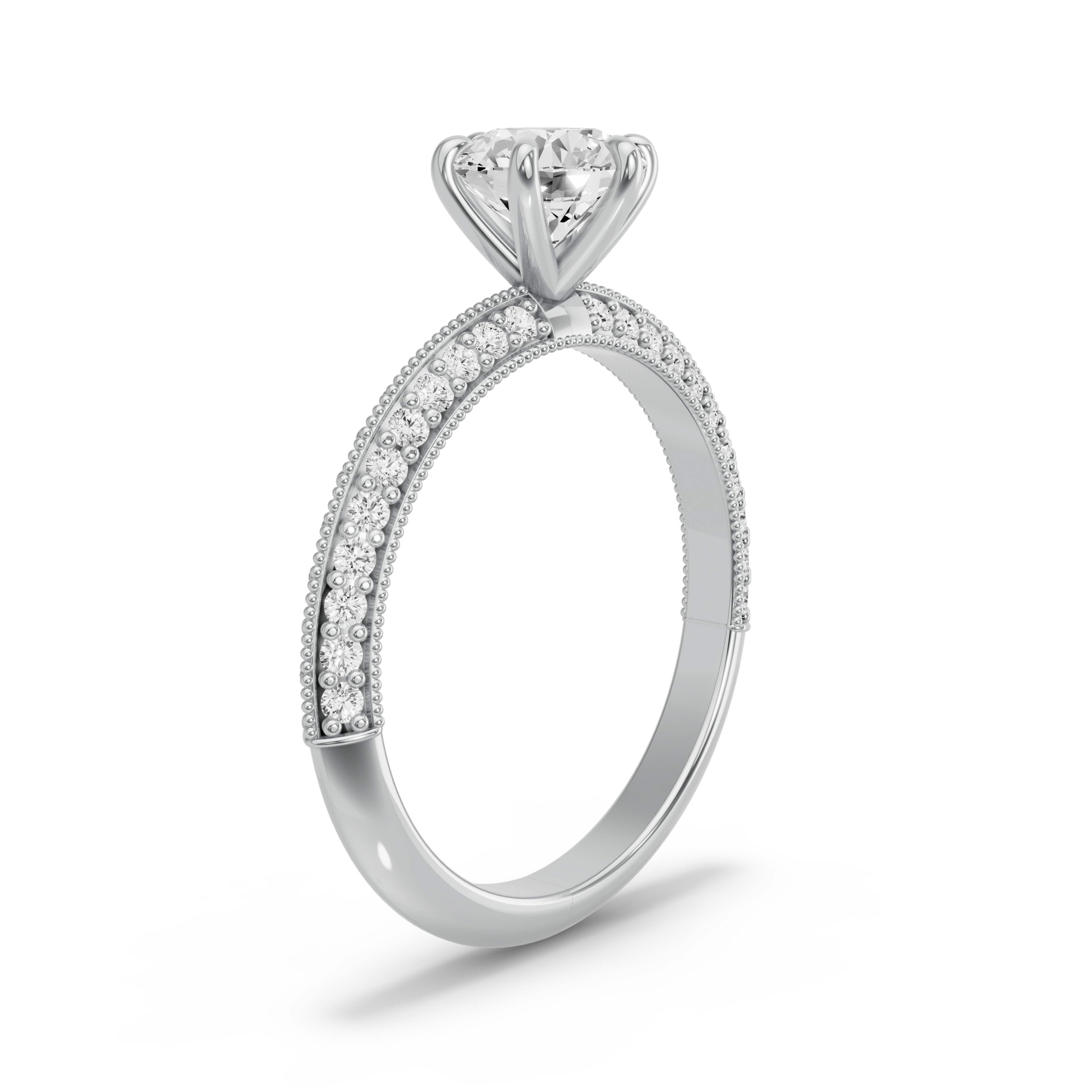Image for Round Six Prong Ring with Knife Edge Pave band in 18K White Gold