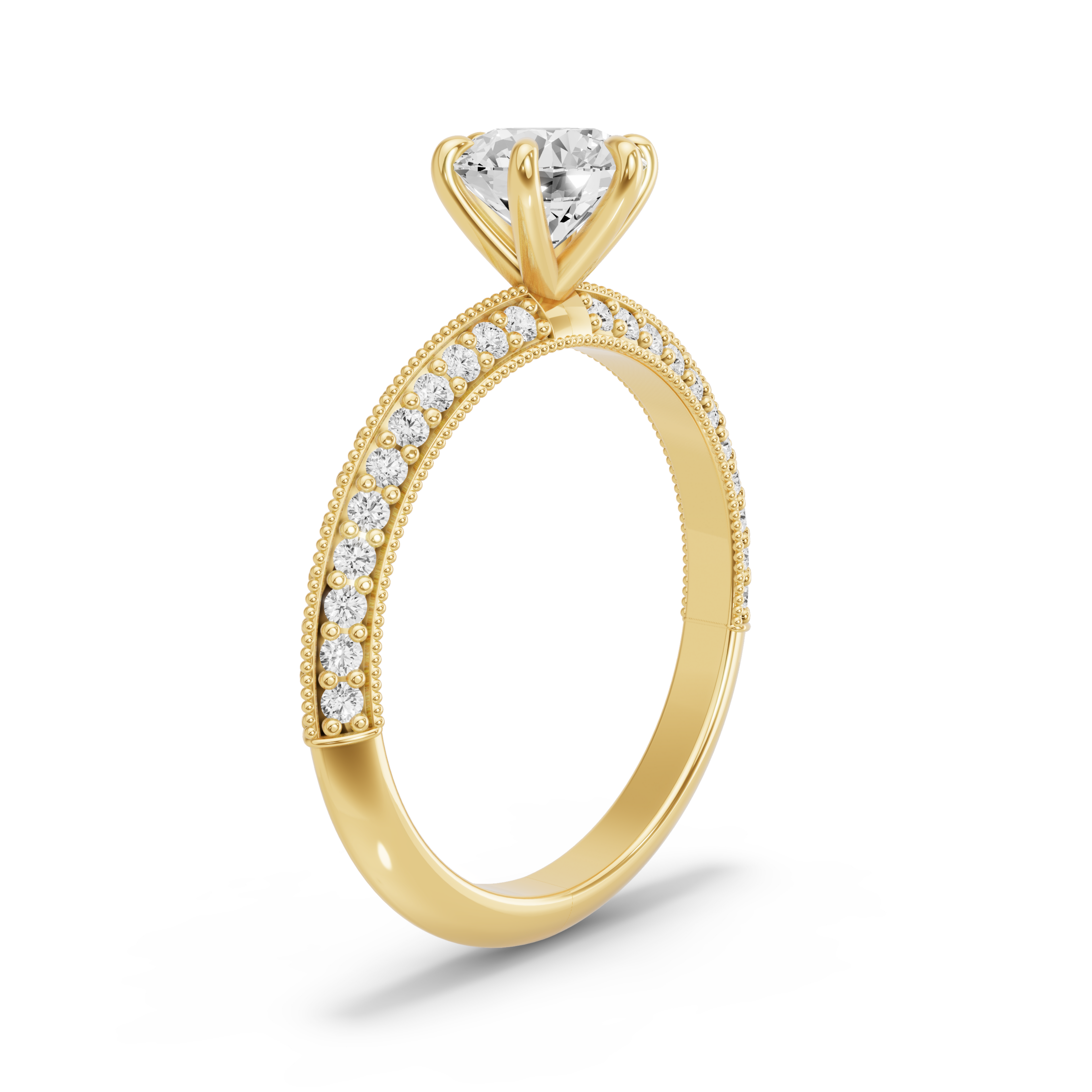 Image for Round Six Prong Ring with Knife Edge Pave band in 18K Yellow Gold