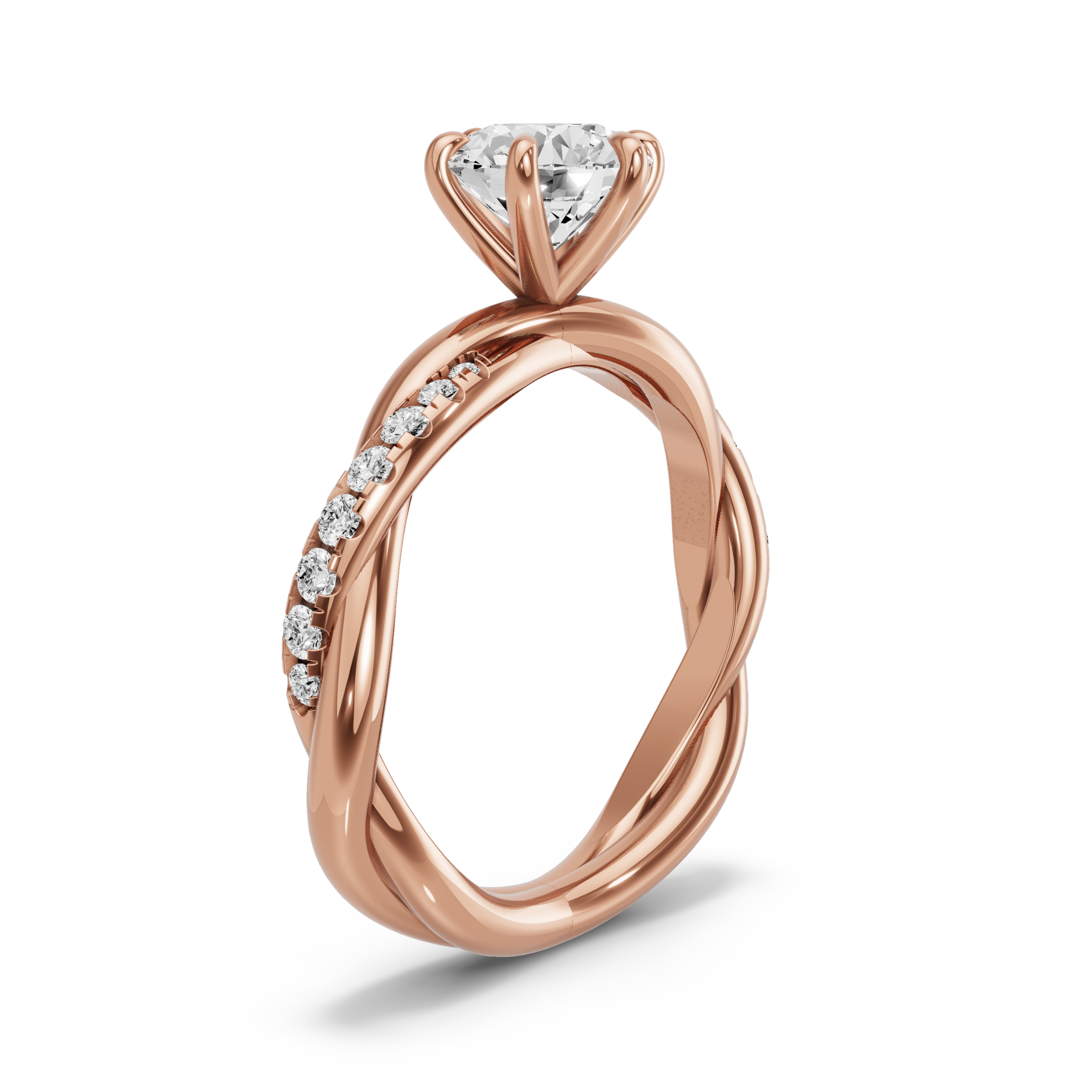 Image for Round Six Prong Ring with Rope Pave band in 18K Rose Gold