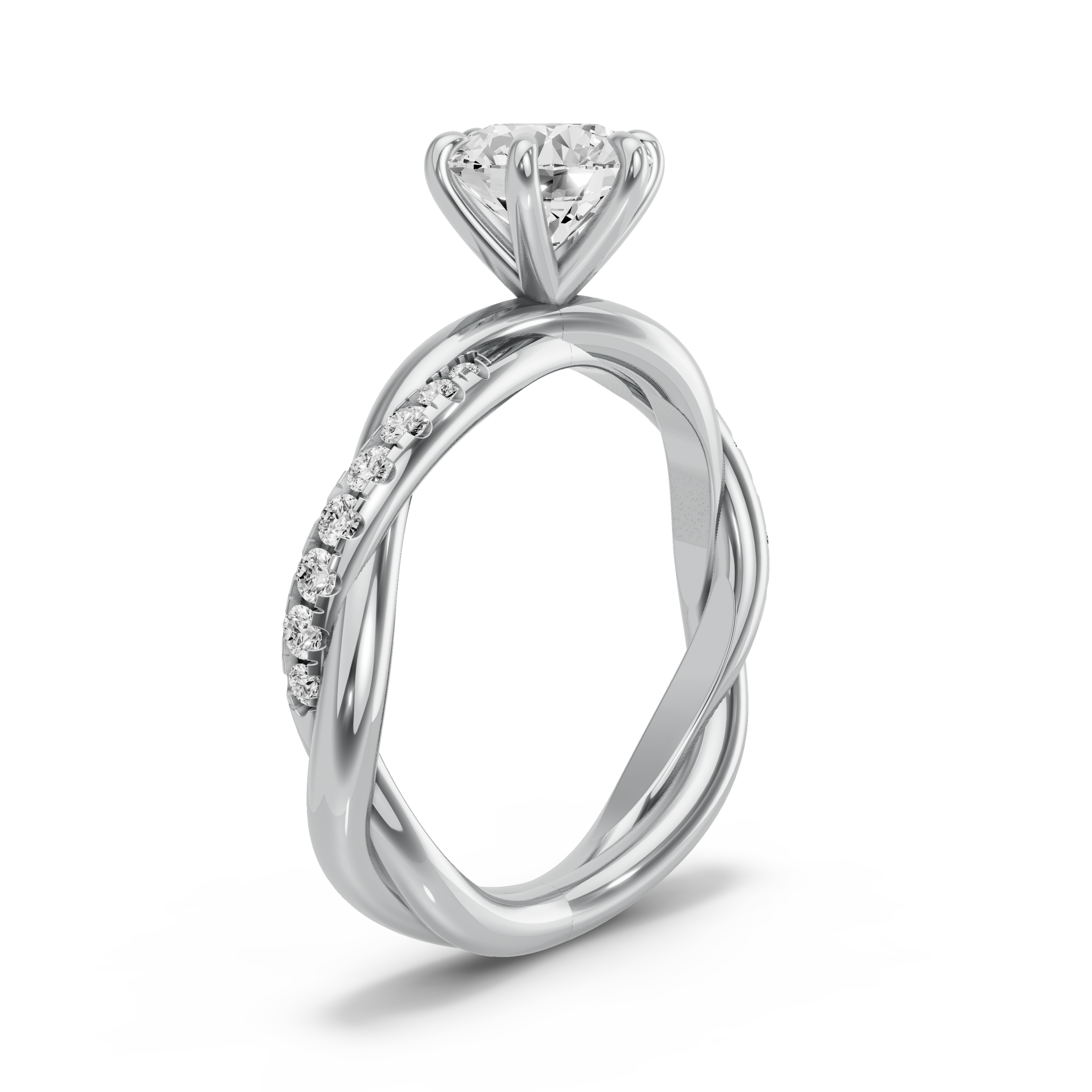 Image for Round Six Prong Ring with Rope Pave band in 18K White Gold