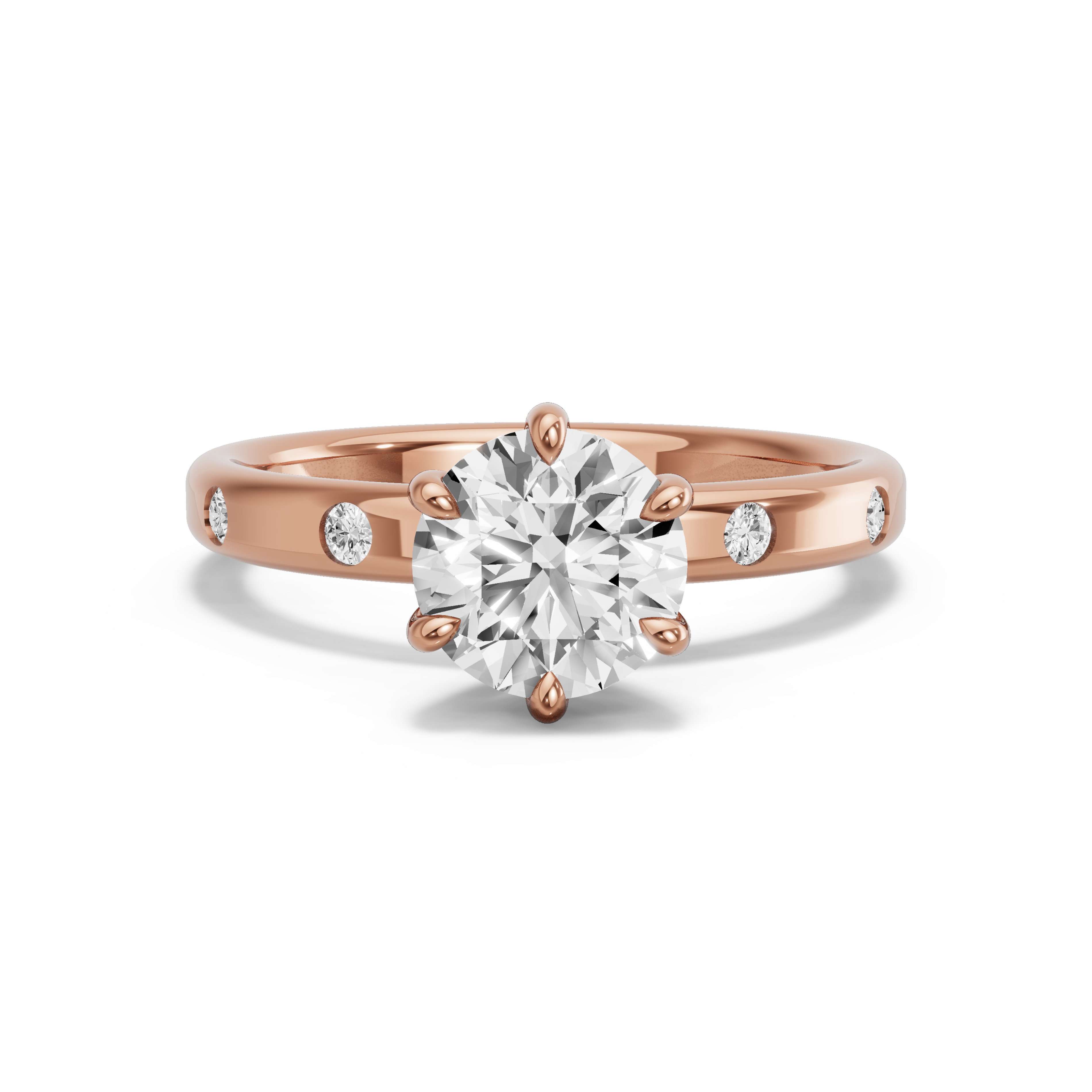 Image for Round Six Prong Ring with Sleek Accent band in 10K Rose Gold