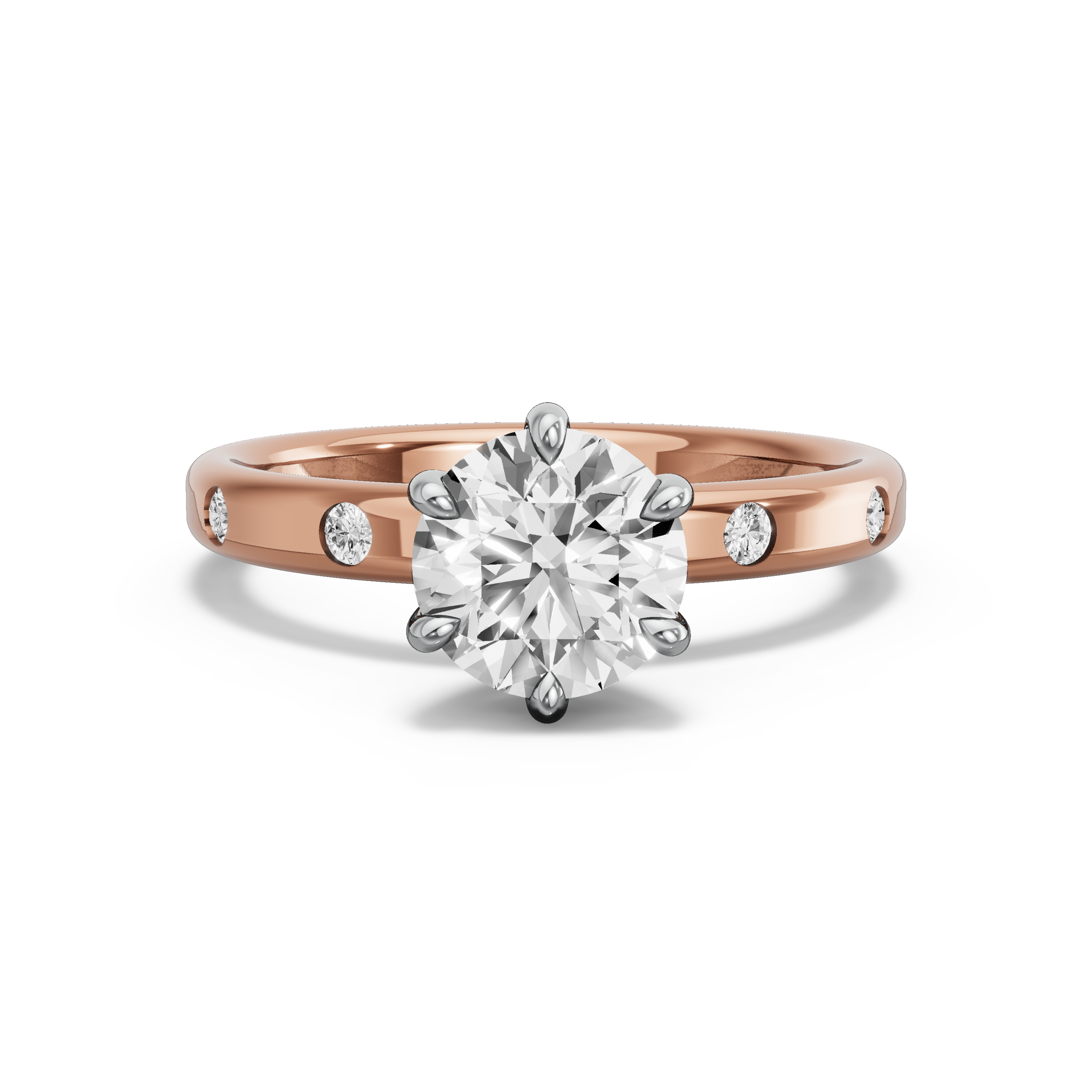 Image for Round Six Prong Ring with Sleek Accent band in 18K Two Tone Rose Gold