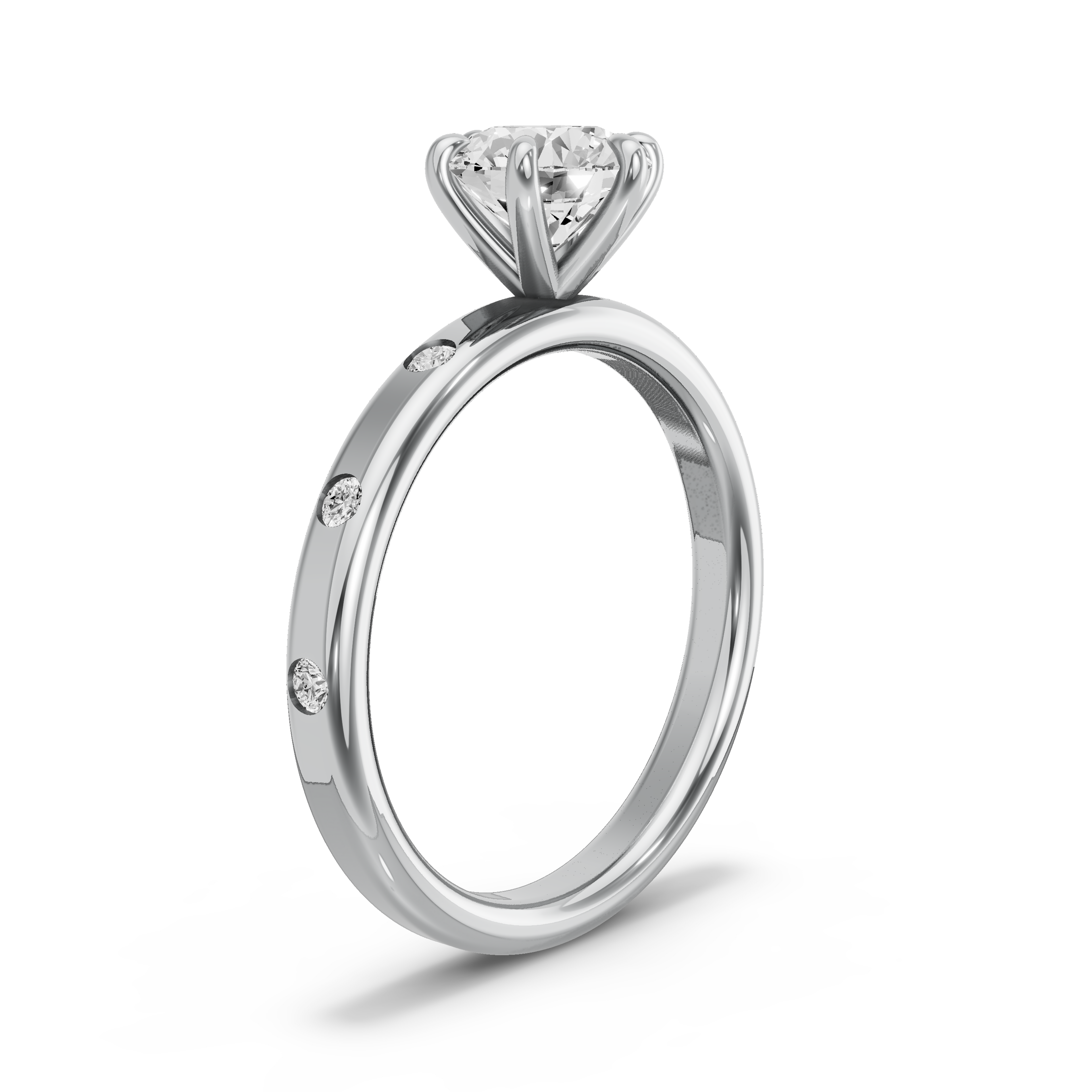 Image for Round Six Prong Ring with Sleek Accent band in 10K White Gold