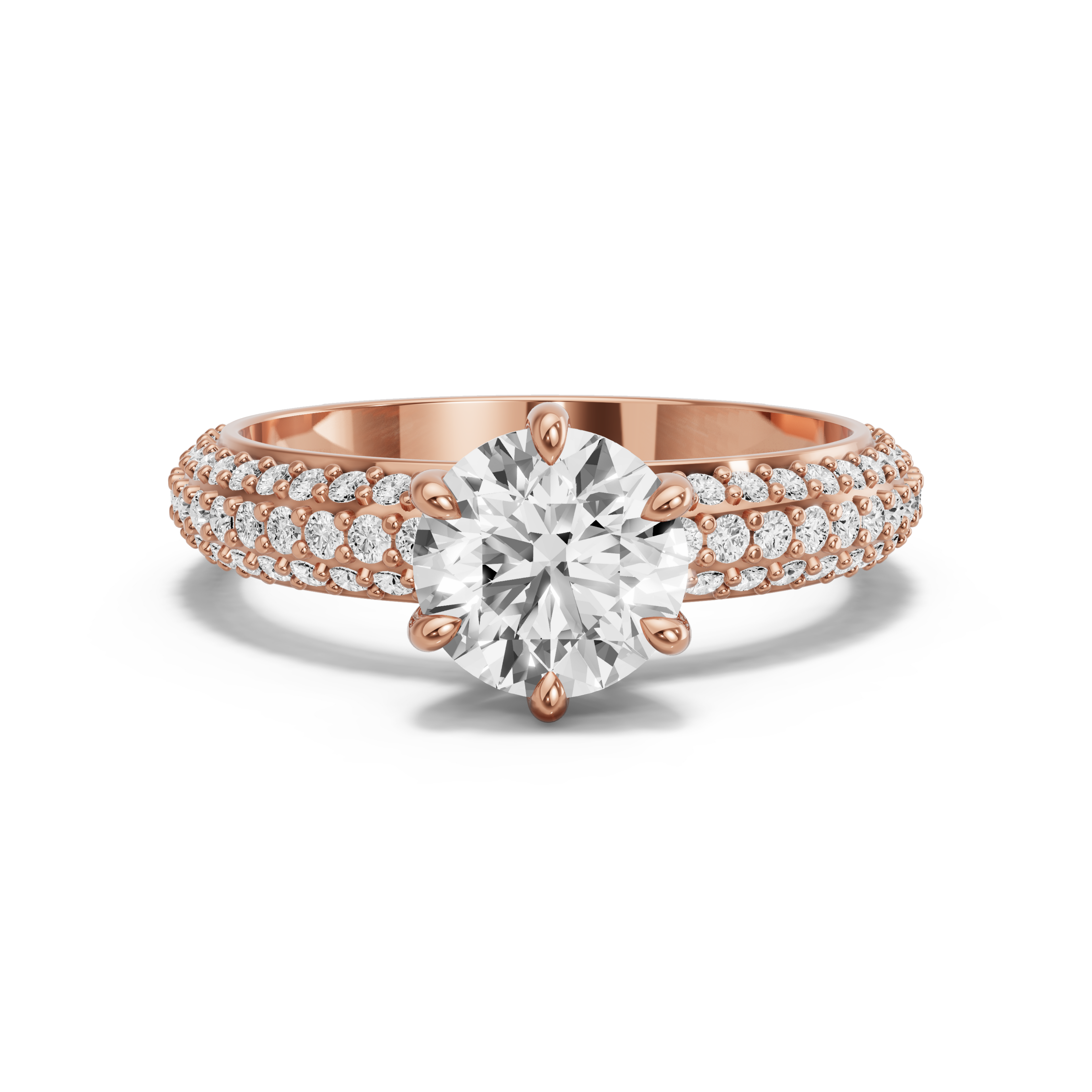 Image for Round Six Prong Ring with Triple Row Pave band in 10K Rose Gold