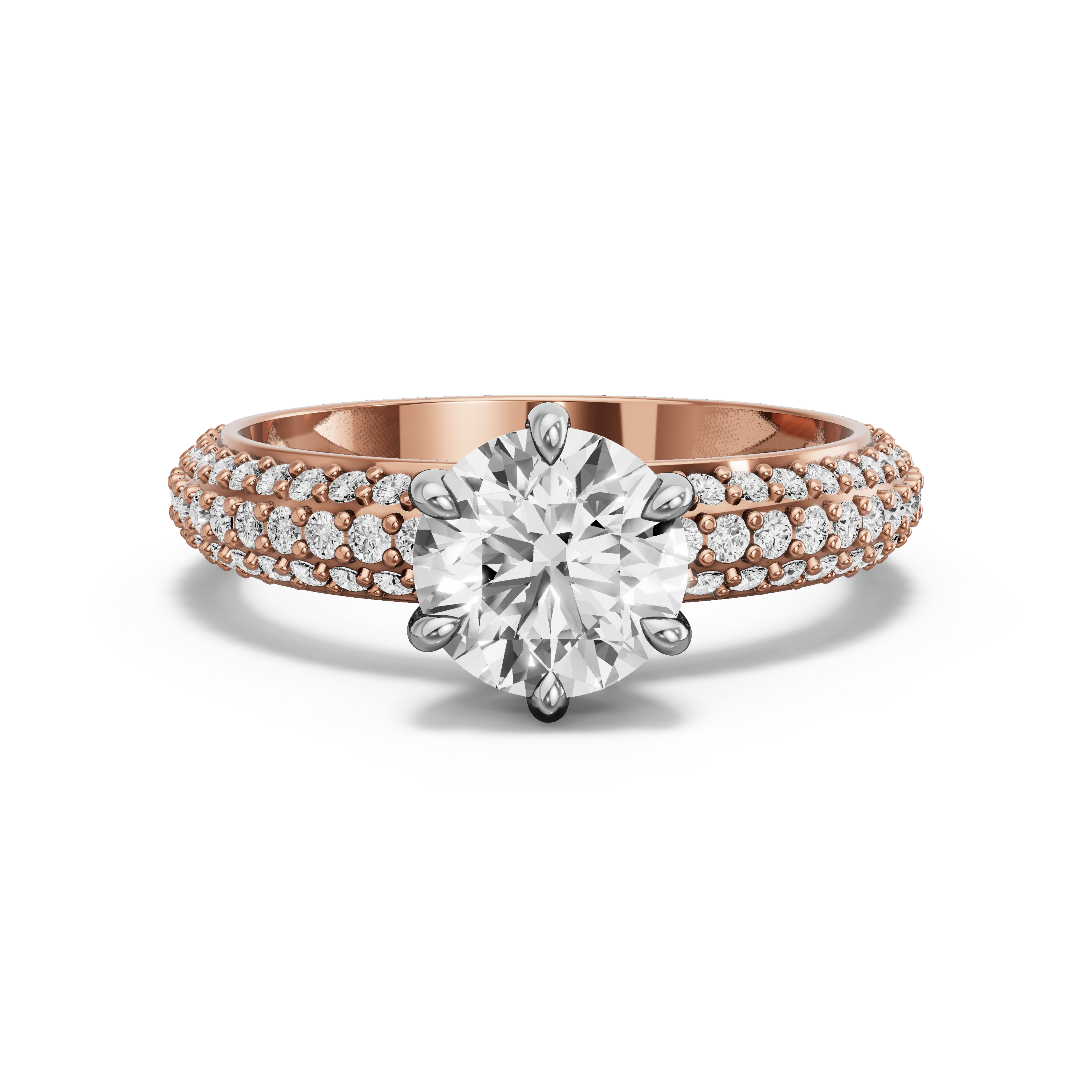 Image for Round Six Prong Ring with Triple Row Pave band in 18K Two Tone Rose Gold