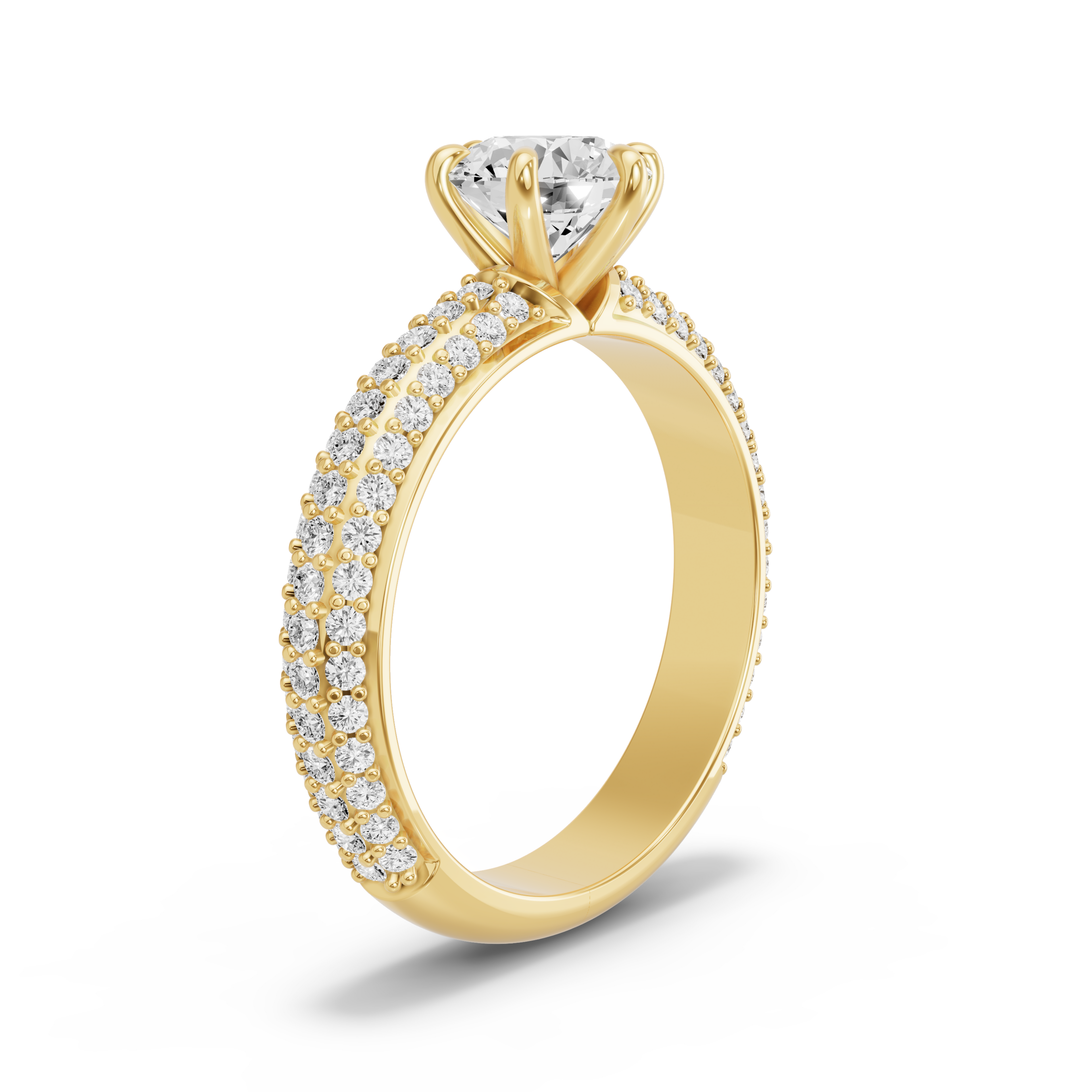 Image for Round Six Prong Ring with Triple Row Pave band in 10K Yellow Gold
