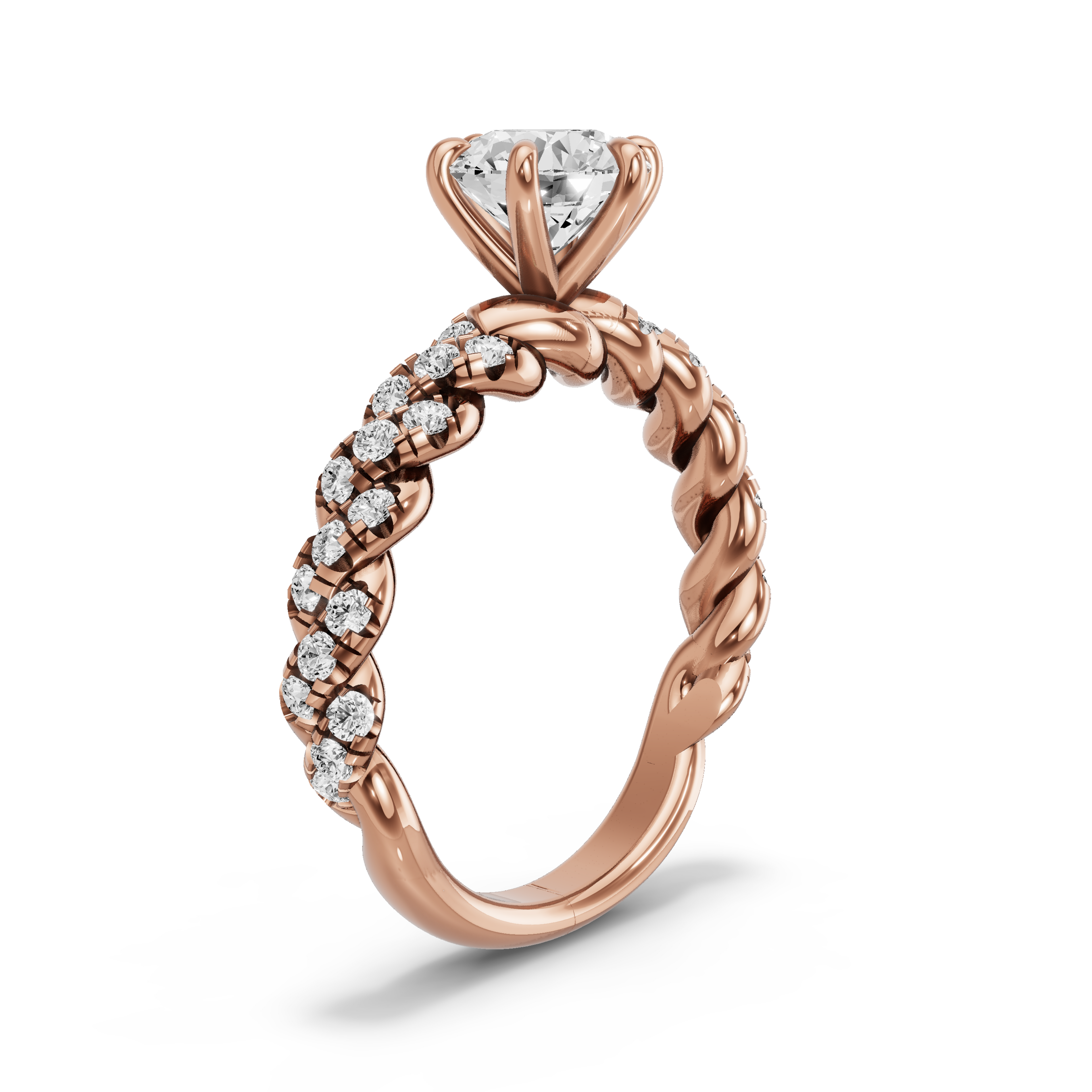 Image for Round Six Prong Ring with Twist Pave band in 10K Rose Gold