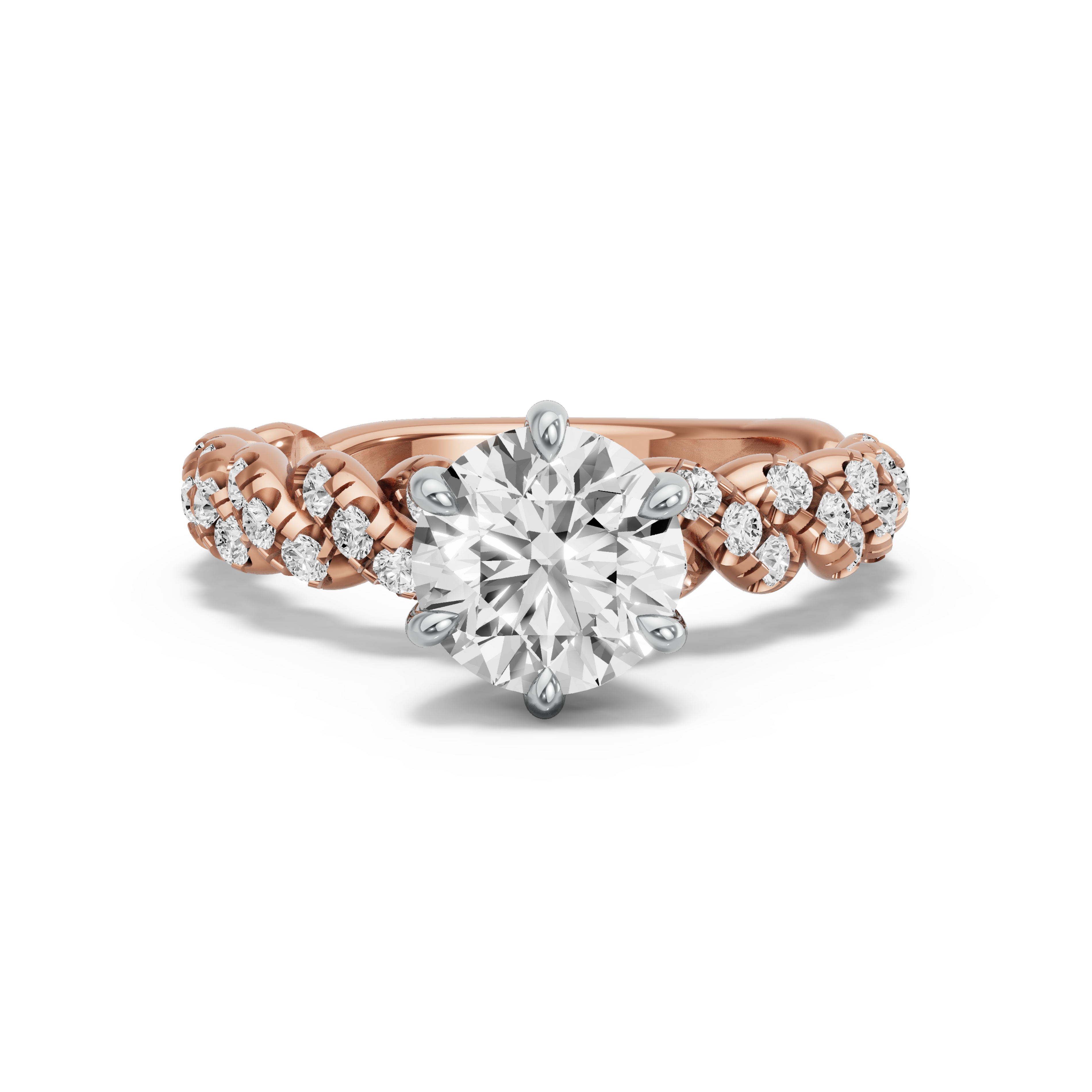 Image for Round Six Prong Ring with Twist Pave band in 18K Two Tone Rose Gold
