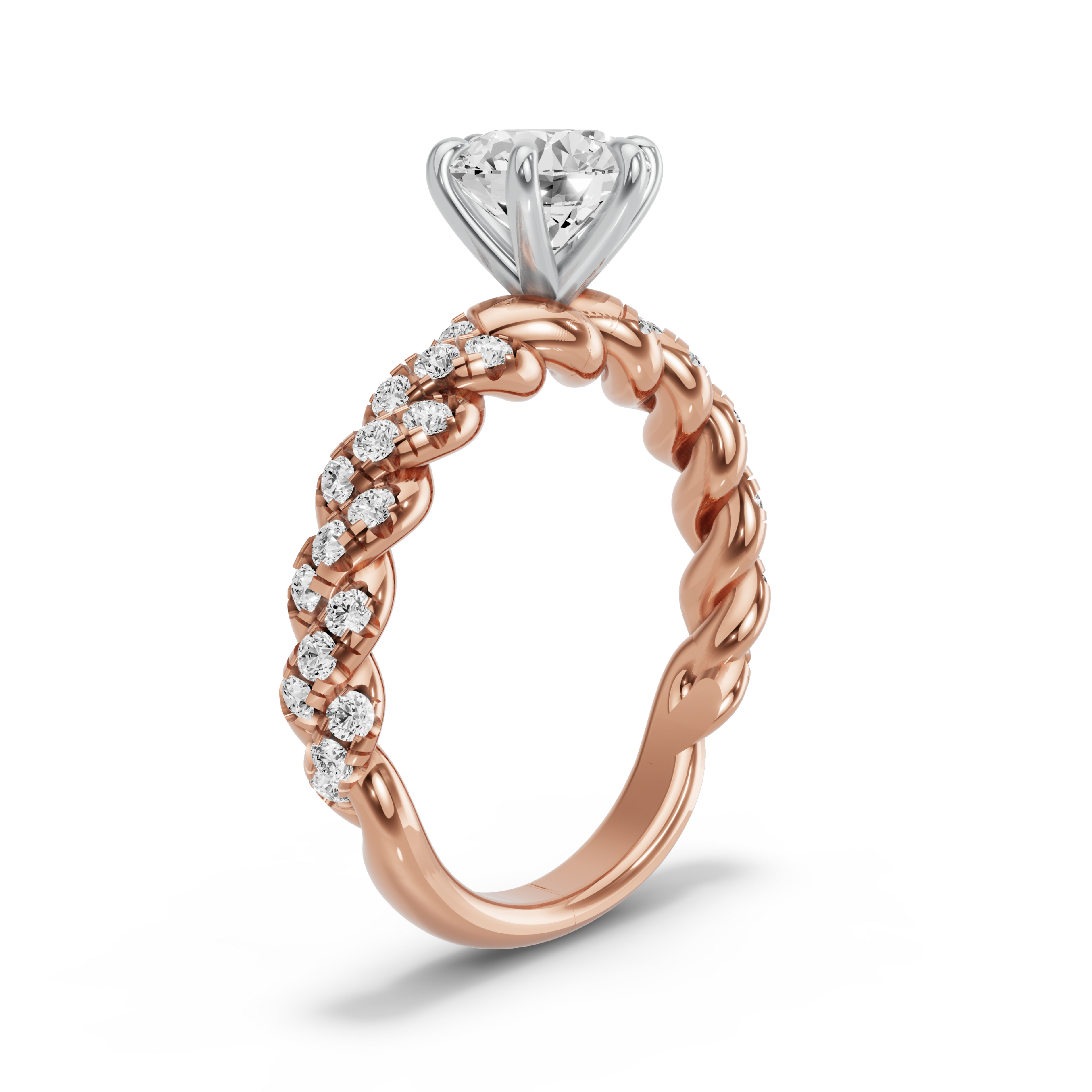 Image for Round Six Prong Ring with Twist Pave band in 14K Two Tone Rose Gold
