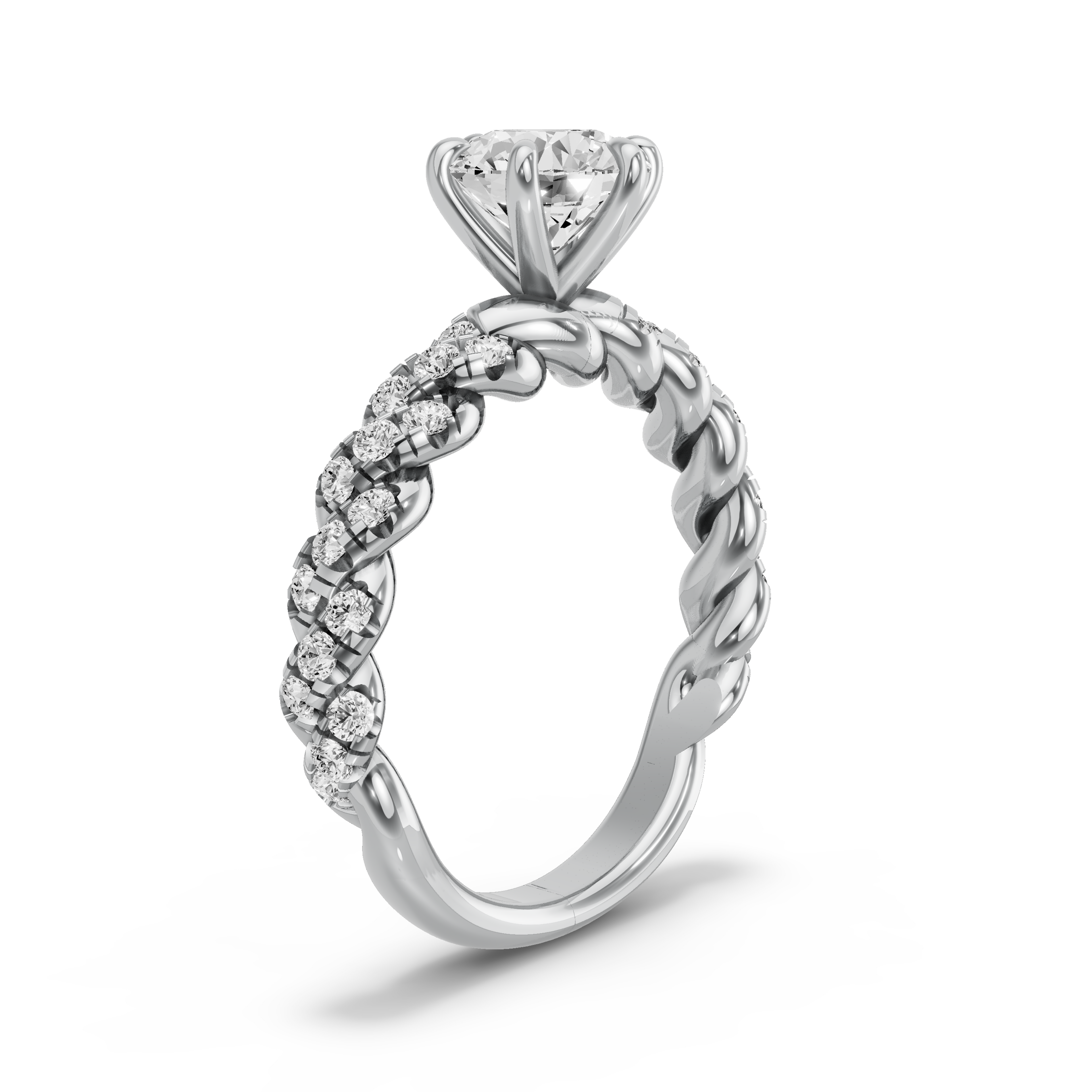 Image for Round Six Prong Ring with Twist Pave band in 10K White Gold
