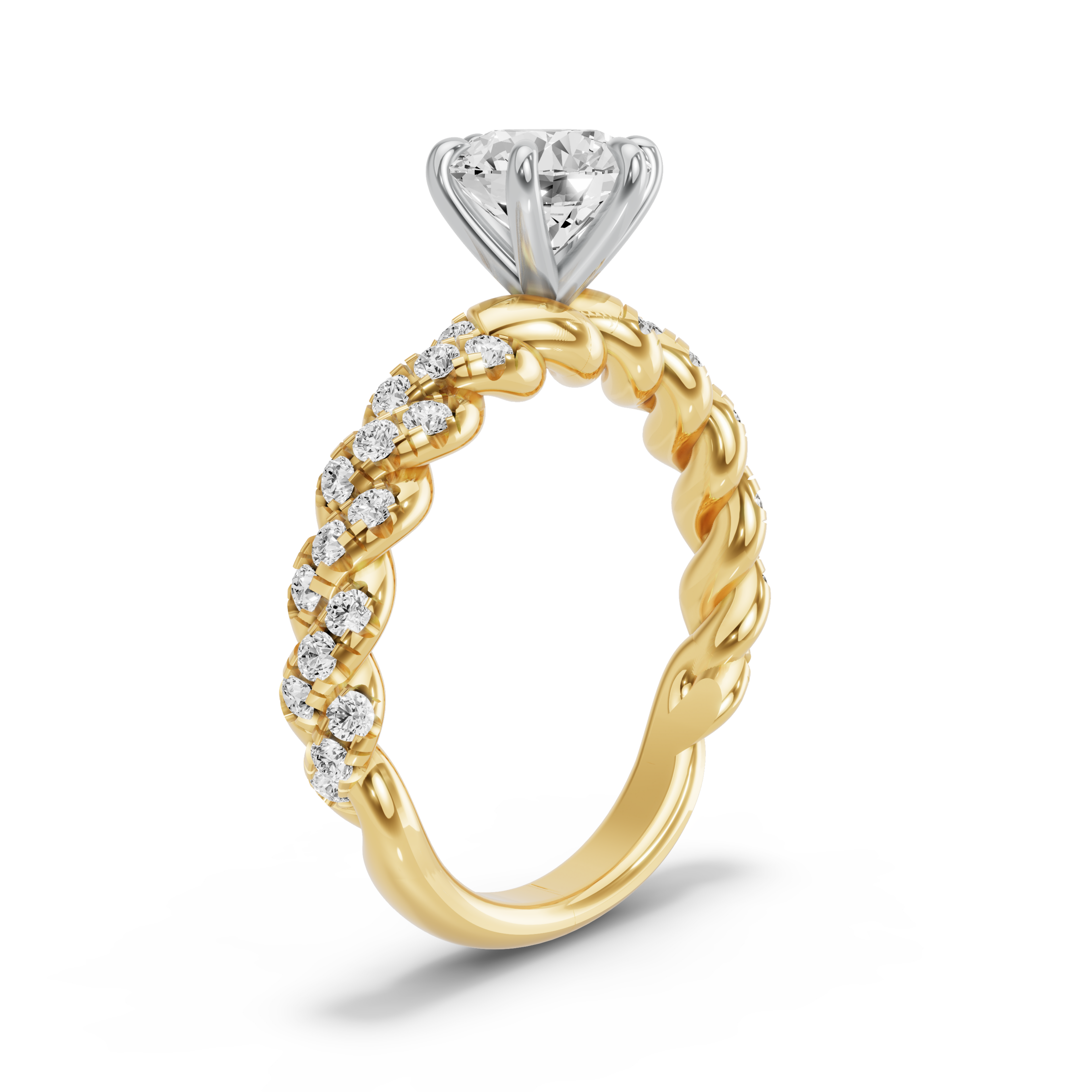Image for Round Six Prong Ring with Twist Pave band in 14K Two Tone Yellow Gold