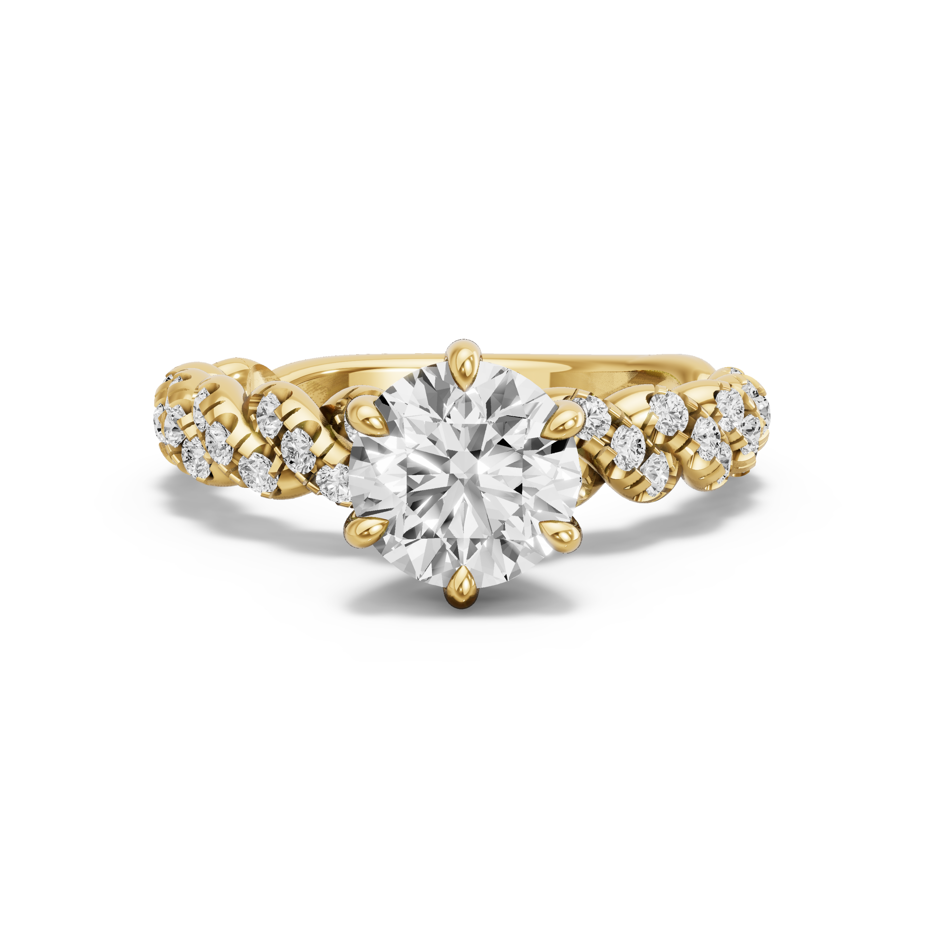Image for Round Six Prong Ring with Twist Pave band in 10K Yellow Gold