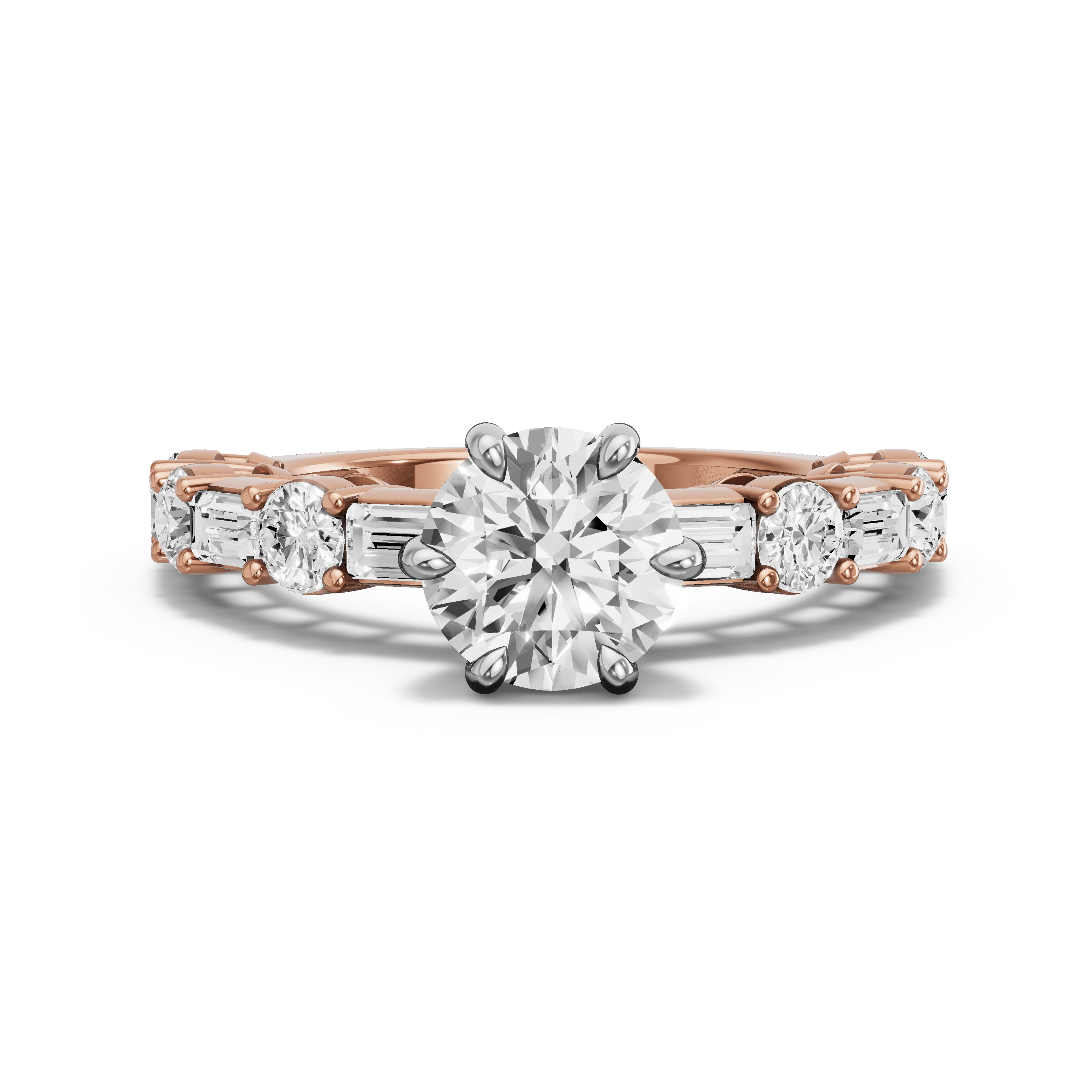 Image for Round Six Prong diamond Ring with Alternating Baguette band in 18K Two Tone Rose Gold
