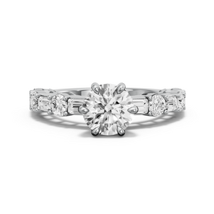 Image for Round Six Prong diamond Ring with Alternating Baguette band in 10K White Gold