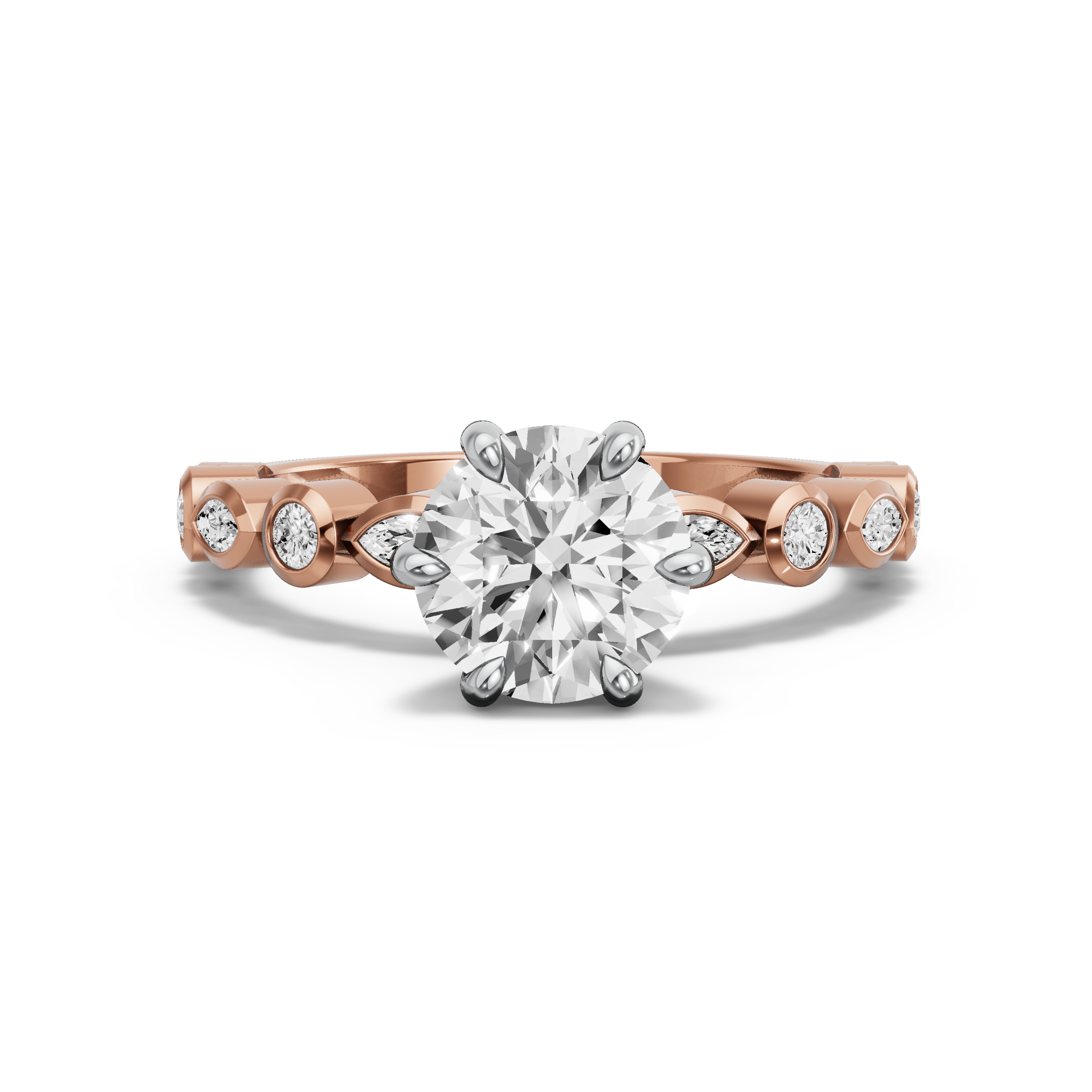 Image for Round Six Prong diamond Ring with Alternating Marquise band in 14K Two Tone Rose Gold