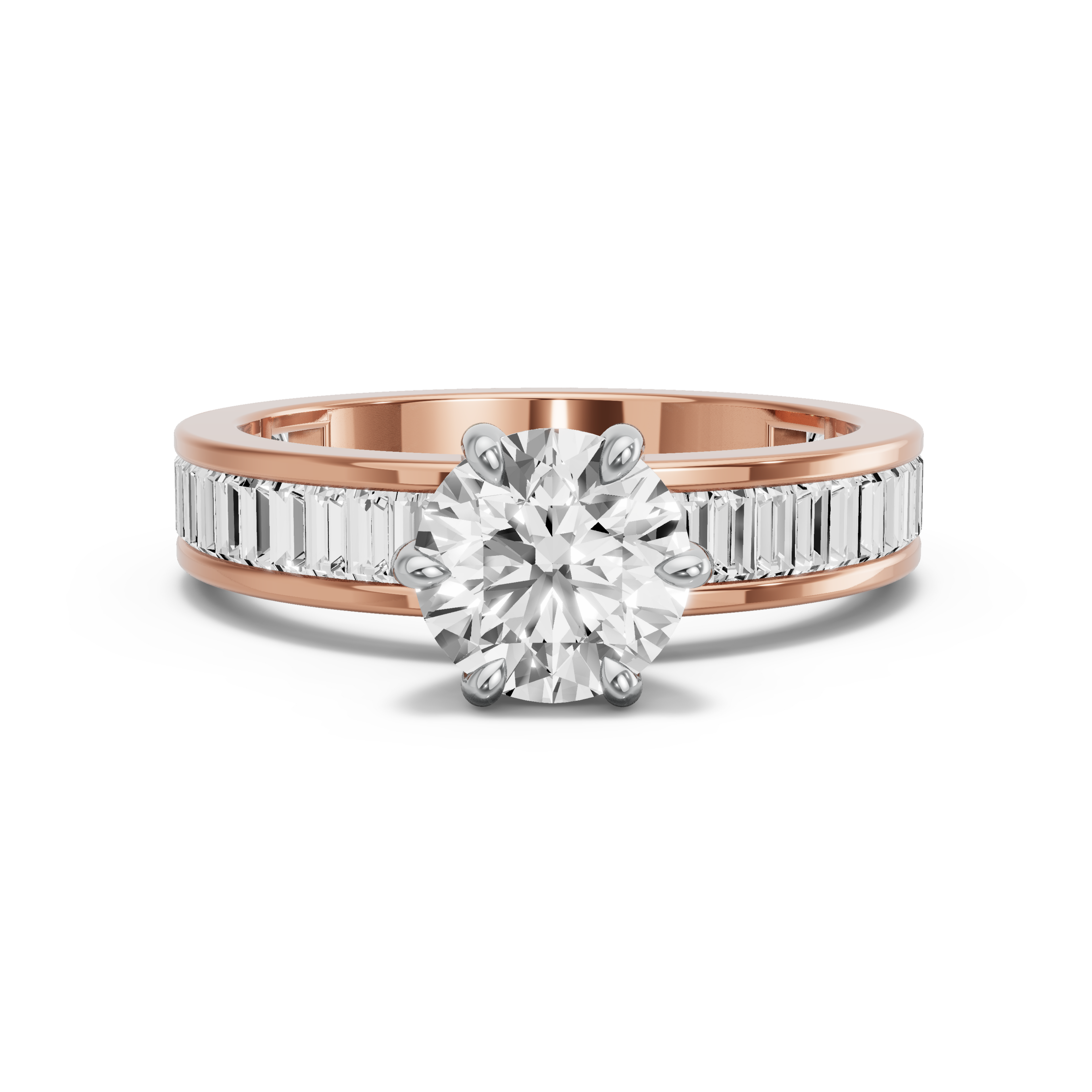 Image for Round Six Prong diamond Ring with Baguette Channel band in 18K Two Tone Rose Gold