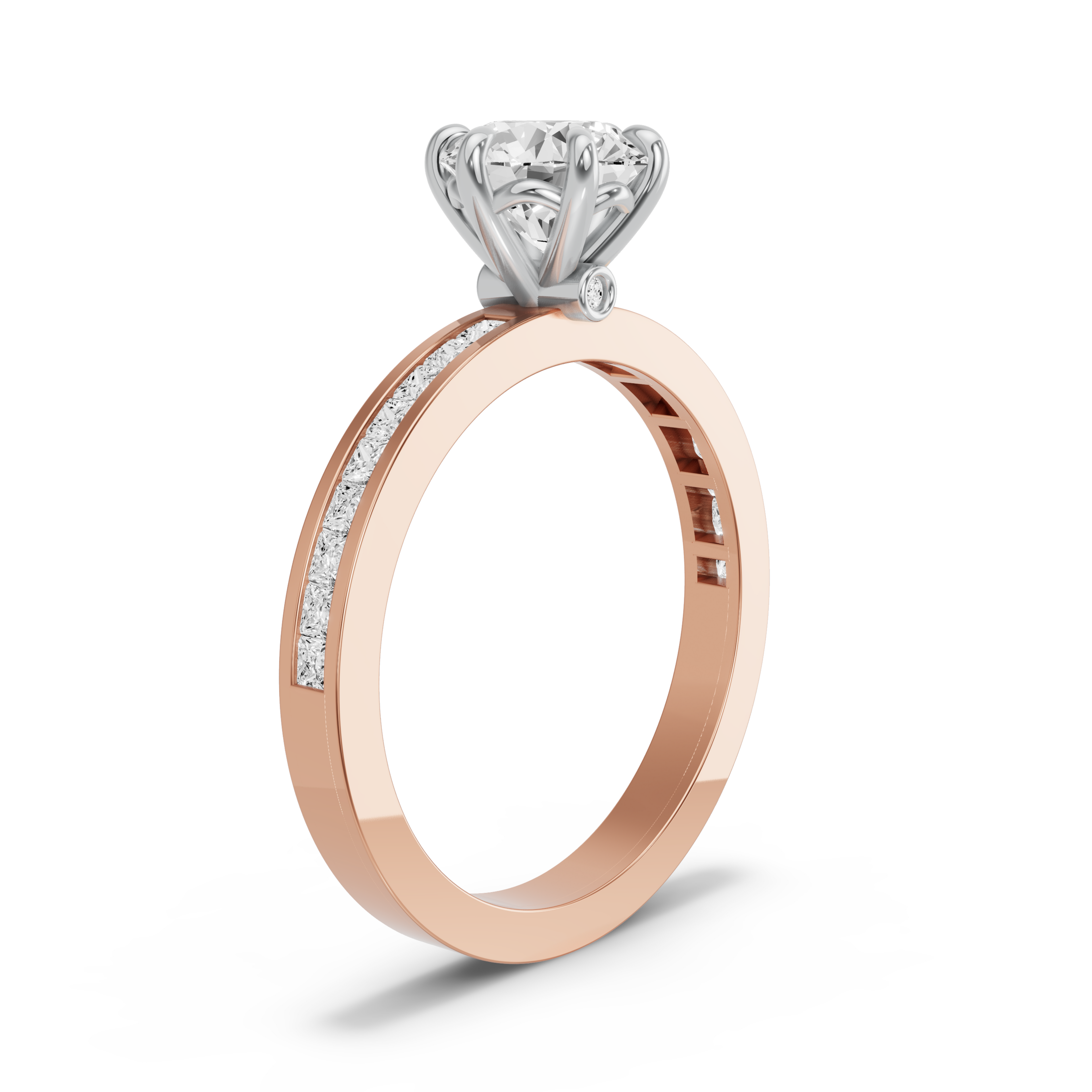 Image for Round Six Prong diamond Ring with Channel band in 10K Two Tone Rose Gold