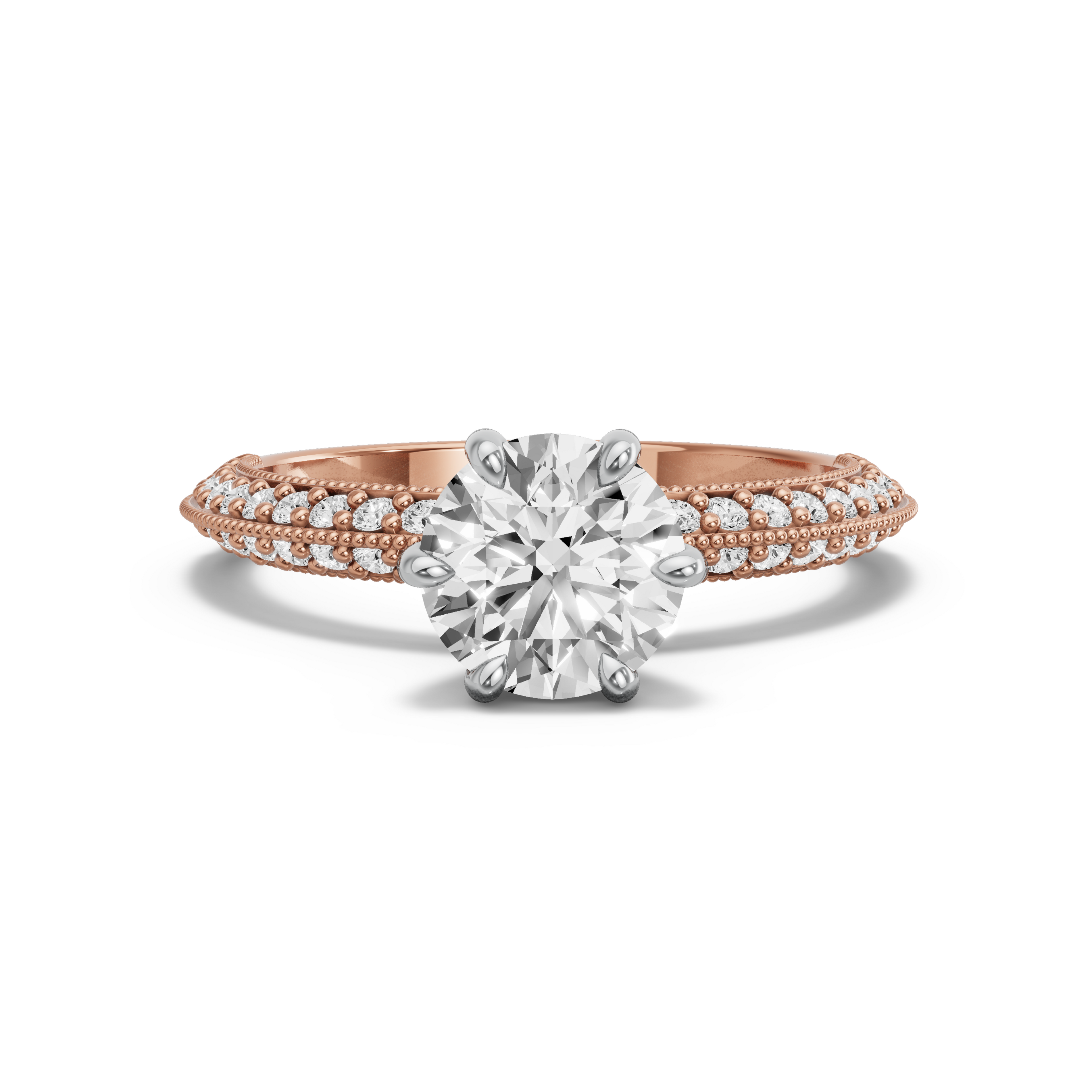 Image for Round Six Prong diamond Ring with Knife Edge Pave band in 18K Two Tone Rose Gold