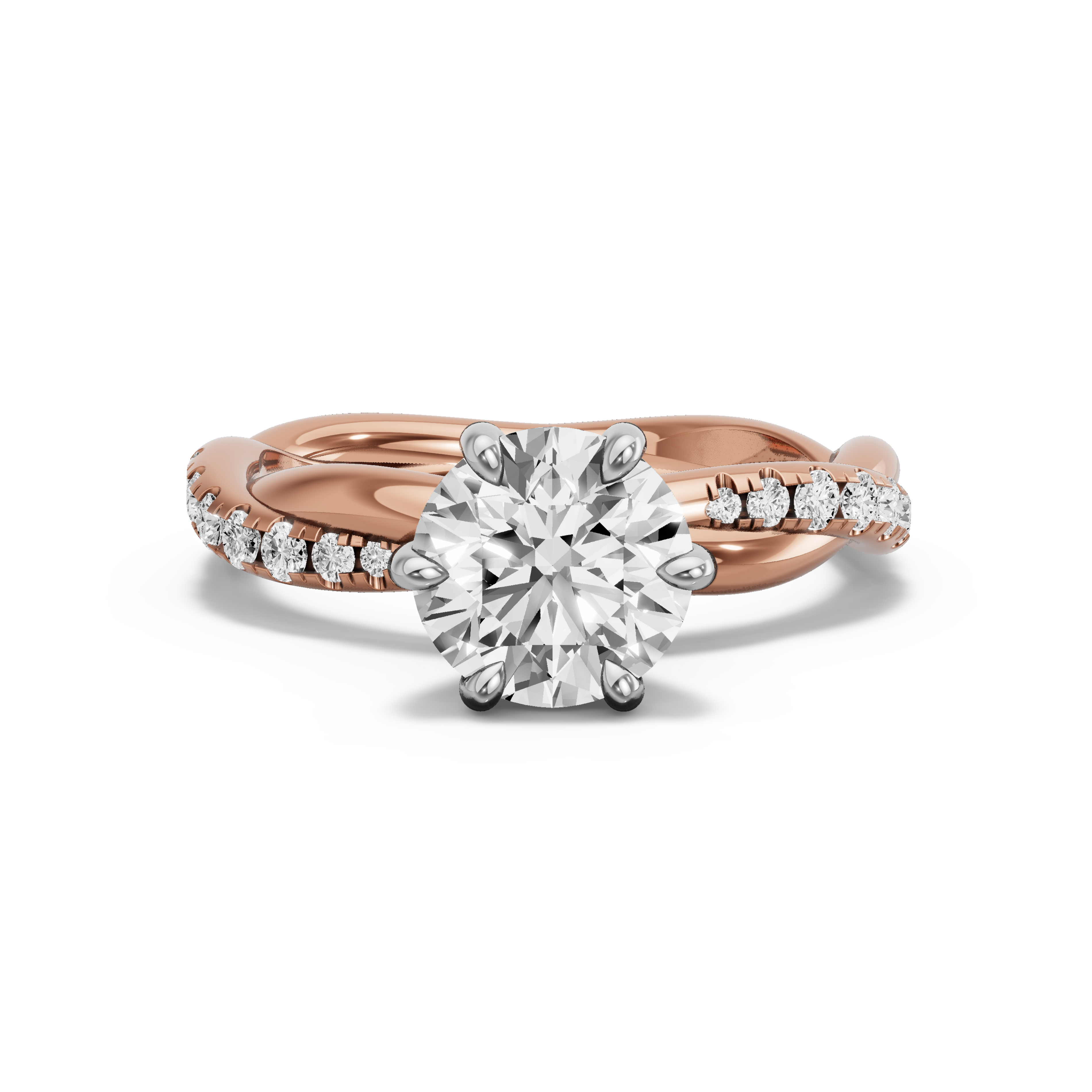 Image for Round Six Prong diamond Ring with Rope Pave band in 14K Two Tone Rose Gold
