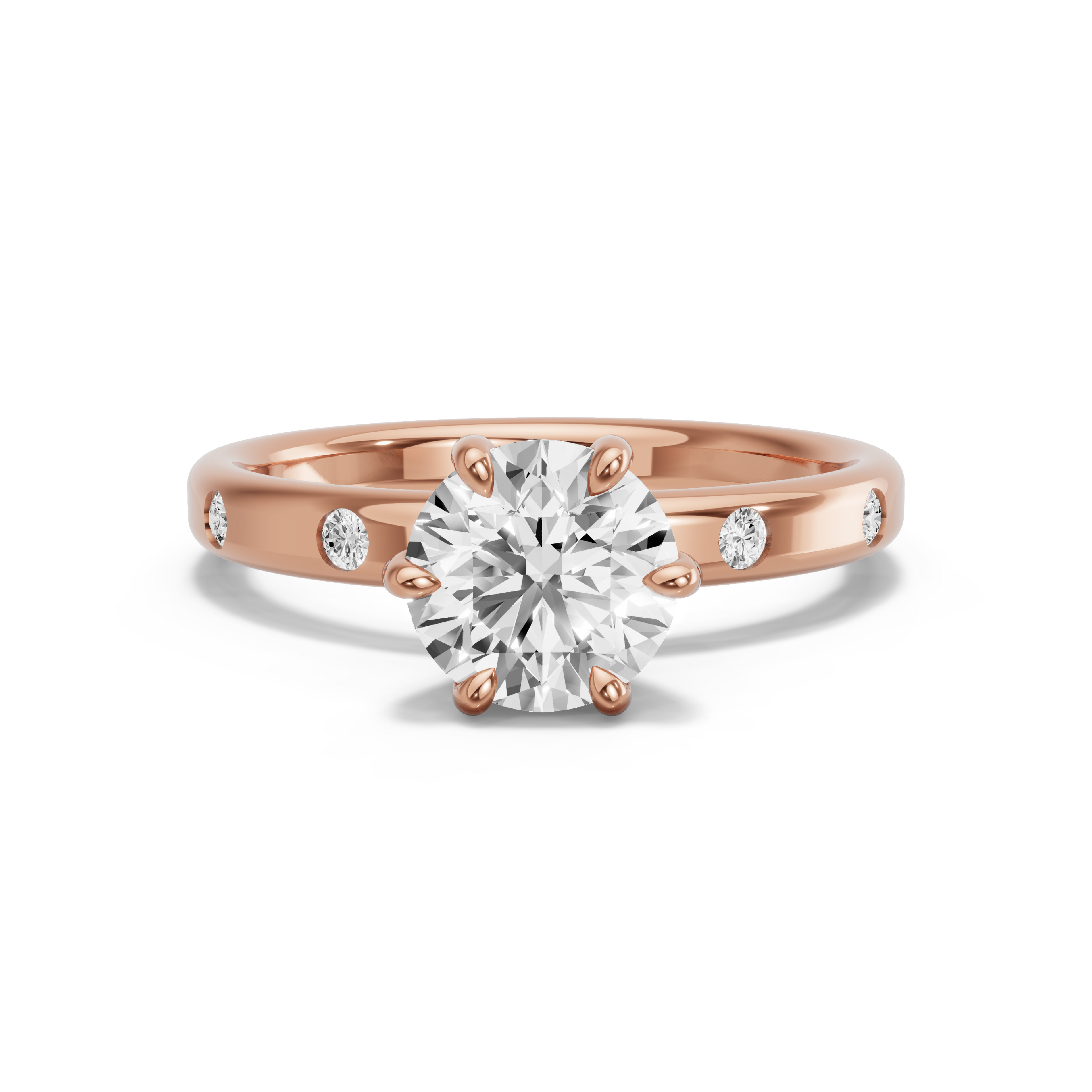 Image for Round Six Prong diamond Ring with Sleek Accent band in 10K Rose Gold
